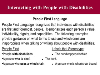 Interacting with People with Disabilities
People First Language
People First Language recognizes that individuals with disabilities
are first and foremost, people. It emphasizes each person’s value,
individuality, dignity, and capabilities. The following examples
provide guidance on what terms to use and which ones are
inappropriate when talking or writing about people with disabilities.
People First Labels that Stereotype
•People with disabilities. ● The handicapped/disabled
•A person who is deaf. ● The deaf.
•A person who uses a wheelchair. ● A person who is wheelchair bound.
 