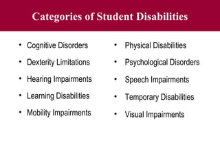 Categories of Student Disabilities
• Cognitive Disorders
• Dexterity Limitations
• Hearing Impairments
• Learning Disabilities
• Mobility Impairments
• Physical Disabilities
• Psychological Disorders
• Speech Impairments
• Temporary Disabilities
• Visual Impairments
 