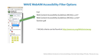 WAVE WebAIM Accessibility Filter Options
Barbara DeBord, Introduction to Instructional Design, Seminole State College of Florida, February 28, 2015
Full
Web Content Accessibility Guidelines (WCAG) 2.0 A*
Web Content Accessibility Guidelines (WCAG) 2.0 AA*
Section 508
* WCAG criteria can be found at http://www.w3.org/WAI/intro/wcag
 