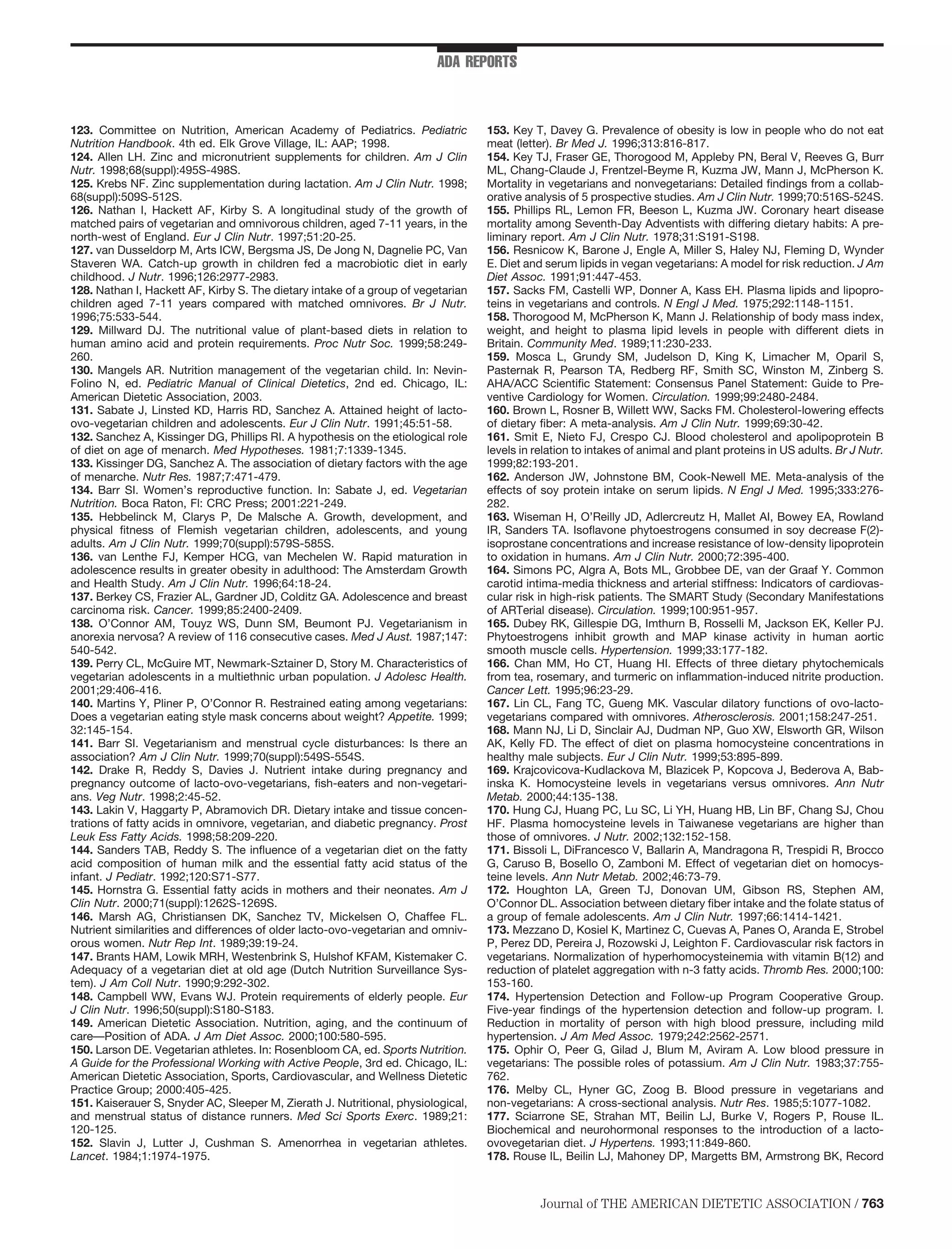 ADA REPORTS



123. Committee on Nutrition, American Academy of Pediatrics. Pediatric            153. Key T, Davey G. Prevalence of obesity is low in people who do not eat
Nutrition Handbook. 4th ed. Elk Grove Village, IL: AAP; 1998.                     meat (letter). Br Med J. 1996;313:816-817.
124. Allen LH. Zinc and micronutrient supplements for children. Am J Clin         154. Key TJ, Fraser GE, Thorogood M, Appleby PN, Beral V, Reeves G, Burr
Nutr. 1998;68(suppl):495S-498S.                                                   ML, Chang-Claude J, Frentzel-Beyme R, Kuzma JW, Mann J, McPherson K.
125. Krebs NF. Zinc supplementation during lactation. Am J Clin Nutr. 1998;       Mortality in vegetarians and nonvegetarians: Detailed ﬁndings from a collab-
68(suppl):509S-512S.                                                              orative analysis of 5 prospective studies. Am J Clin Nutr. 1999;70:516S-524S.
126. Nathan I, Hackett AF, Kirby S. A longitudinal study of the growth of         155. Phillips RL, Lemon FR, Beeson L, Kuzma JW. Coronary heart disease
matched pairs of vegetarian and omnivorous children, aged 7-11 years, in the      mortality among Seventh-Day Adventists with differing dietary habits: A pre-
north-west of England. Eur J Clin Nutr. 1997;51:20-25.                            liminary report. Am J Clin Nutr. 1978;31:S191-S198.
127. van Dusseldorp M, Arts ICW, Bergsma JS, De Jong N, Dagnelie PC, Van          156. Resnicow K, Barone J, Engle A, Miller S, Haley NJ, Fleming D, Wynder
Staveren WA. Catch-up growth in children fed a macrobiotic diet in early          E. Diet and serum lipids in vegan vegetarians: A model for risk reduction. J Am
childhood. J Nutr. 1996;126:2977-2983.                                            Diet Assoc. 1991;91:447-453.
128. Nathan I, Hackett AF, Kirby S. The dietary intake of a group of vegetarian   157. Sacks FM, Castelli WP, Donner A, Kass EH. Plasma lipids and lipopro-
children aged 7-11 years compared with matched omnivores. Br J Nutr.              teins in vegetarians and controls. N Engl J Med. 1975;292:1148-1151.
1996;75:533-544.                                                                  158. Thorogood M, McPherson K, Mann J. Relationship of body mass index,
129. Millward DJ. The nutritional value of plant-based diets in relation to       weight, and height to plasma lipid levels in people with different diets in
human amino acid and protein requirements. Proc Nutr Soc. 1999;58:249-            Britain. Community Med. 1989;11:230-233.
260.                                                                              159. Mosca L, Grundy SM, Judelson D, King K, Limacher M, Oparil S,
130. Mangels AR. Nutrition management of the vegetarian child. In: Nevin-         Pasternak R, Pearson TA, Redberg RF, Smith SC, Winston M, Zinberg S.
Folino N, ed. Pediatric Manual of Clinical Dietetics, 2nd ed. Chicago, IL:        AHA/ACC Scientiﬁc Statement: Consensus Panel Statement: Guide to Pre-
American Dietetic Association, 2003.                                              ventive Cardiology for Women. Circulation. 1999;99:2480-2484.
131. Sabate J, Linsted KD, Harris RD, Sanchez A. Attained height of lacto-        160. Brown L, Rosner B, Willett WW, Sacks FM. Cholesterol-lowering effects
ovo-vegetarian children and adolescents. Eur J Clin Nutr. 1991;45:51-58.          of dietary ﬁber: A meta-analysis. Am J Clin Nutr. 1999;69:30-42.
132. Sanchez A, Kissinger DG, Phillips RI. A hypothesis on the etiological role   161. Smit E, Nieto FJ, Crespo CJ. Blood cholesterol and apolipoprotein B
of diet on age of menarch. Med Hypotheses. 1981;7:1339-1345.                      levels in relation to intakes of animal and plant proteins in US adults. Br J Nutr.
133. Kissinger DG, Sanchez A. The association of dietary factors with the age     1999;82:193-201.
of menarche. Nutr Res. 1987;7:471-479.                                            162. Anderson JW, Johnstone BM, Cook-Newell ME. Meta-analysis of the
134. Barr SI. Women’s reproductive function. In: Sabate J, ed. Vegetarian         effects of soy protein intake on serum lipids. N Engl J Med. 1995;333:276-
Nutrition. Boca Raton, Fl: CRC Press; 2001:221-249.                               282.
135. Hebbelinck M, Clarys P, De Malsche A. Growth, development, and               163. Wiseman H, O’Reilly JD, Adlercreutz H, Mallet AI, Bowey EA, Rowland
physical ﬁtness of Flemish vegetarian children, adolescents, and young            IR, Sanders TA. Isoﬂavone phytoestrogens consumed in soy decrease F(2)-
adults. Am J Clin Nutr. 1999;70(suppl):579S-585S.                                 isoprostane concentrations and increase resistance of low-density lipoprotein
136. van Lenthe FJ, Kemper HCG, van Mechelen W. Rapid maturation in               to oxidation in humans. Am J Clin Nutr. 2000;72:395-400.
adolescence results in greater obesity in adulthood: The Amsterdam Growth         164. Simons PC, Algra A, Bots ML, Grobbee DE, van der Graaf Y. Common
and Health Study. Am J Clin Nutr. 1996;64:18-24.                                  carotid intima-media thickness and arterial stiffness: Indicators of cardiovas-
137. Berkey CS, Frazier AL, Gardner JD, Colditz GA. Adolescence and breast        cular risk in high-risk patients. The SMART Study (Secondary Manifestations
carcinoma risk. Cancer. 1999;85:2400-2409.                                        of ARTerial disease). Circulation. 1999;100:951-957.
138. O’Connor AM, Touyz WS, Dunn SM, Beumont PJ. Vegetarianism in                 165. Dubey RK, Gillespie DG, Imthurn B, Rosselli M, Jackson EK, Keller PJ.
anorexia nervosa? A review of 116 consecutive cases. Med J Aust. 1987;147:        Phytoestrogens inhibit growth and MAP kinase activity in human aortic
540-542.                                                                          smooth muscle cells. Hypertension. 1999;33:177-182.
139. Perry CL, McGuire MT, Newmark-Sztainer D, Story M. Characteristics of        166. Chan MM, Ho CT, Huang HI. Effects of three dietary phytochemicals
vegetarian adolescents in a multiethnic urban population. J Adolesc Health.       from tea, rosemary, and turmeric on inﬂammation-induced nitrite production.
2001;29:406-416.                                                                  Cancer Lett. 1995;96:23-29.
140. Martins Y, Pliner P, O’Connor R. Restrained eating among vegetarians:        167. Lin CL, Fang TC, Gueng MK. Vascular dilatory functions of ovo-lacto-
Does a vegetarian eating style mask concerns about weight? Appetite. 1999;        vegetarians compared with omnivores. Atherosclerosis. 2001;158:247-251.
32:145-154.                                                                       168. Mann NJ, Li D, Sinclair AJ, Dudman NP, Guo XW, Elsworth GR, Wilson
141. Barr SI. Vegetarianism and menstrual cycle disturbances: Is there an         AK, Kelly FD. The effect of diet on plasma homocysteine concentrations in
association? Am J Clin Nutr. 1999;70(suppl):549S-554S.                            healthy male subjects. Eur J Clin Nutr. 1999;53:895-899.
142. Drake R, Reddy S, Davies J. Nutrient intake during pregnancy and             169. Krajcovicova-Kudlackova M, Blazicek P, Kopcova J, Bederova A, Bab-
pregnancy outcome of lacto-ovo-vegetarians, ﬁsh-eaters and non-vegetari-          inska K. Homocysteine levels in vegetarians versus omnivores. Ann Nutr
ans. Veg Nutr. 1998;2:45-52.                                                      Metab. 2000;44:135-138.
143. Lakin V, Haggarty P, Abramovich DR. Dietary intake and tissue concen-        170. Hung CJ, Huang PC, Lu SC, Li YH, Huang HB, Lin BF, Chang SJ, Chou
trations of fatty acids in omnivore, vegetarian, and diabetic pregnancy. Prost    HF. Plasma homocysteine levels in Taiwanese vegetarians are higher than
Leuk Ess Fatty Acids. 1998;58:209-220.                                            those of omnivores. J Nutr. 2002;132:152-158.
144. Sanders TAB, Reddy S. The inﬂuence of a vegetarian diet on the fatty         171. Bissoli L, DiFrancesco V, Ballarin A, Mandragona R, Trespidi R, Brocco
acid composition of human milk and the essential fatty acid status of the         G, Caruso B, Bosello O, Zamboni M. Effect of vegetarian diet on homocys-
infant. J Pediatr. 1992;120:S71-S77.                                              teine levels. Ann Nutr Metab. 2002;46:73-79.
145. Hornstra G. Essential fatty acids in mothers and their neonates. Am J        172. Houghton LA, Green TJ, Donovan UM, Gibson RS, Stephen AM,
Clin Nutr. 2000;71(suppl):1262S-1269S.                                            O’Connor DL. Association between dietary ﬁber intake and the folate status of
146. Marsh AG, Christiansen DK, Sanchez TV, Mickelsen O, Chaffee FL.              a group of female adolescents. Am J Clin Nutr. 1997;66:1414-1421.
Nutrient similarities and differences of older lacto-ovo-vegetarian and omniv-    173. Mezzano D, Kosiel K, Martinez C, Cuevas A, Panes O, Aranda E, Strobel
orous women. Nutr Rep Int. 1989;39:19-24.                                         P, Perez DD, Pereira J, Rozowski J, Leighton F. Cardiovascular risk factors in
147. Brants HAM, Lowik MRH, Westenbrink S, Hulshof KFAM, Kistemaker C.            vegetarians. Normalization of hyperhomocysteinemia with vitamin B(12) and
Adequacy of a vegetarian diet at old age (Dutch Nutrition Surveillance Sys-       reduction of platelet aggregation with n-3 fatty acids. Thromb Res. 2000;100:
tem). J Am Coll Nutr. 1990;9:292-302.                                             153-160.
148. Campbell WW, Evans WJ. Protein requirements of elderly people. Eur           174. Hypertension Detection and Follow-up Program Cooperative Group.
J Clin Nutr. 1996;50(suppl):S180-S183.                                            Five-year ﬁndings of the hypertension detection and follow-up program. I.
149. American Dietetic Association. Nutrition, aging, and the continuum of        Reduction in mortality of person with high blood pressure, including mild
care—Position of ADA. J Am Diet Assoc. 2000;100:580-595.                          hypertension. J Am Med Assoc. 1979;242:2562-2571.
150. Larson DE. Vegetarian athletes. In: Rosenbloom CA, ed. Sports Nutrition.     175. Ophir O, Peer G, Gilad J, Blum M, Aviram A. Low blood pressure in
A Guide for the Professional Working with Active People, 3rd ed. Chicago, IL:     vegetarians: The possible roles of potassium. Am J Clin Nutr. 1983;37:755-
American Dietetic Association, Sports, Cardiovascular, and Wellness Dietetic      762.
Practice Group; 2000:405-425.                                                     176. Melby CL, Hyner GC, Zoog B. Blood pressure in vegetarians and
151. Kaiserauer S, Snyder AC, Sleeper M, Zierath J. Nutritional, physiological,   non-vegetarians: A cross-sectional analysis. Nutr Res. 1985;5:1077-1082.
and menstrual status of distance runners. Med Sci Sports Exerc. 1989;21:          177. Sciarrone SE, Strahan MT, Beilin LJ, Burke V, Rogers P, Rouse IL.
120-125.                                                                          Biochemical and neurohormonal responses to the introduction of a lacto-
152. Slavin J, Lutter J, Cushman S. Amenorrhea in vegetarian athletes.            ovovegetarian diet. J Hypertens. 1993;11:849-860.
Lancet. 1984;1:1974-1975.                                                         178. Rouse IL, Beilin LJ, Mahoney DP, Margetts BM, Armstrong BK, Record



                                                                                             Journal of THE AMERICAN DIETETIC ASSOCIATION / 763
 