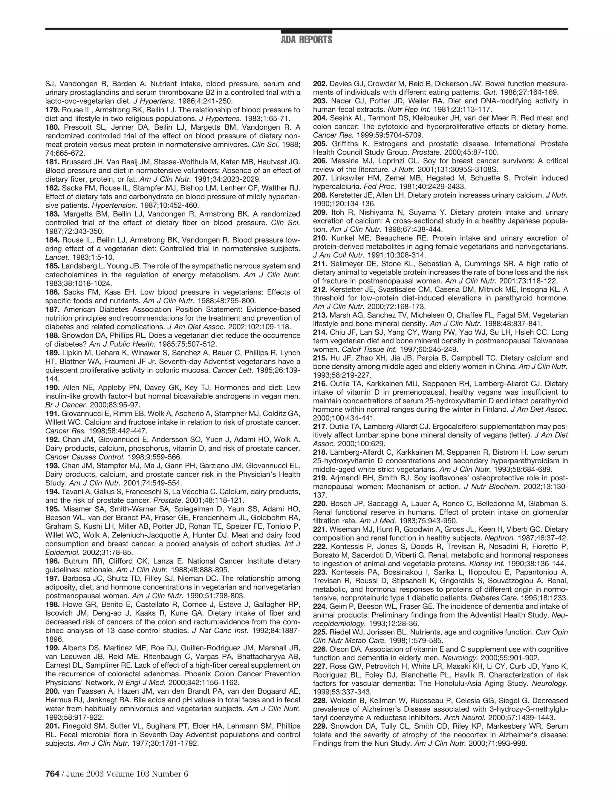 ADA REPORTS



SJ, Vandongen R, Barden A. Nutrient intake, blood pressure, serum and             202. Davies GJ, Crowder M, Reid B, Dickerson JW. Bowel function measure-
urinary prostaglandins and serum thromboxane B2 in a controlled trial with a      ments of individuals with different eating patterns. Gut. 1986;27:164-169.
lacto-ovo-vegetarian diet. J Hypertens. 1986;4:241-250.                           203. Nader CJ, Potter JD, Weller RA. Diet and DNA-modifying activity in
179. Rouse IL, Armstrong BK, Beilin LJ. The relationship of blood pressure to     human fecal extracts. Nutr Rep Int. 1981;23:113-117.
diet and lifestyle in two religious populations. J Hypertens. 1983;1:65-71.       204. Sesink AL, Termont DS, Kleibeuker JH, van der Meer R. Red meat and
180. Prescott SL, Jenner DA, Beilin LJ, Margetts BM, Vandongen R. A               colon cancer: The cytotoxic and hyperproliferative effects of dietary heme.
randomized controlled trial of the effect on blood pressure of dietary non-       Cancer Res. 1999;59:5704-5709.
meat protein versus meat protein in normotensive omnivores. Clin Sci. 1988;       205. Grifﬁths K. Estrogens and prostatic disease. International Prostate
74:665-672.                                                                       Health Council Study Group. Prostate. 2000;45:87-100.
181. Brussard JH, Van Raaij JM, Stasse-Wolthuis M, Katan MB, Hautvast JG.         206. Messina MJ, Loprinzi CL. Soy for breast cancer survivors: A critical
Blood pressure and diet in normotensive volunteers: Absence of an effect of       review of the literature. J Nutr. 2001;131:3095S-3108S.
dietary ﬁber, protein, or fat. Am J Clin Nutr. 1981;34:2023-2029.                 207. Linkswiler HM, Zemel MB, Hegsted M, Schuette S. Protein induced
182. Sacks FM, Rouse IL, Stampfer MJ, Bishop LM, Lenherr CF, Walther RJ.          hypercalciuria. Fed Proc. 1981;40:2429-2433.
Effect of dietary fats and carbohydrate on blood pressure of mildly hyperten-     208. Kerstetter JE, Allen LH. Dietary protein increases urinary calcium. J Nutr.
sive patients. Hypertension. 1987;10:452-460.                                     1990;120:134-136.
183. Margetts BM, Beilin LJ, Vandongen R, Armstrong BK. A randomized              209. Itoh R, Nishiyama N, Suyama Y. Dietary protein intake and urinary
controlled trial of the effect of dietary ﬁber on blood pressure. Clin Sci.       excretion of calcium: A cross-sectional study in a healthy Japanese popula-
1987;72:343-350.                                                                  tion. Am J Clin Nutr. 1998;67:438-444.
184. Rouse IL, Beilin LJ, Armstrong BK, Vandongen R. Blood pressure low-          210. Kunkel ME, Beauchene RE. Protein intake and urinary excretion of
ering effect of a vegetarian diet: Controlled trial in normotensive subjects.     protein-derived metabolites in aging female vegetarians and nonvegetarians.
Lancet. 1983;1:5-10.                                                              J Am Coll Nutr. 1991;10:308-314.
185. Landsberg L, Young JB. The role of the sympathetic nervous system and        211. Sellmeyer DE, Stone KL, Sebastian A, Cummings SR. A high ratio of
catecholamines in the regulation of energy metabolism. Am J Clin Nutr.            dietary animal to vegetable protein increases the rate of bone loss and the risk
1983;38:1018-1024.                                                                of fracture in postmenopausal women. Am J Clin Nutr. 2001;73:118-122.
186. Sacks FM, Kass EH. Low blood pressure in vegetarians: Effects of             212. Kerstetter JE, Svastisalee CM, Caseria DM, Mitnick ME, Insogna KL. A
speciﬁc foods and nutrients. Am J Clin Nutr. 1988;48:795-800.                     threshold for low-protein diet-induced elevations in parathyroid hormone.
187. American Diabetes Association Position Statement: Evidence-based             Am J Clin Nutr. 2000;72:168-173.
nutrition principles and recommendations for the treatment and prevention of      213. Marsh AG, Sanchez TV, Michelsen O, Chaffee FL, Fagal SM. Vegetarian
diabetes and related complications. J Am Diet Assoc. 2002;102:109-118.            lifestyle and bone mineral density. Am J Clin Nutr. 1988;48:837-841.
188. Snowdon DA, Phillips RL. Does a vegetarian diet reduce the occurrence        214. Chiu JF, Lan SJ, Yang CY, Wang PW, Yao WJ, Su LH, Hsieh CC. Long
of diabetes? Am J Public Health. 1985;75:507-512.                                 term vegetarian diet and bone mineral density in postmenopausal Taiwanese
189. Lipkin M, Uehara K, Winawer S, Sanchez A, Bauer C, Phillips R, Lynch         women. Calcif Tissue Int. 1997;60:245-249.
HT, Blattner WA, Fraumeni JF Jr. Seventh-day Adventist vegetarians have a         215. Hu JF, Zhao XH, Jia JB, Parpia B, Campbell TC. Dietary calcium and
quiescent proliferative activity in colonic mucosa. Cancer Lett. 1985;26:139-     bone density among middle aged and elderly women in China. Am J Clin Nutr.
                                                                                  1993;58:219-227.
144.
                                                                                  216. Outila TA, Karkkainen MU, Seppanen RH, Lamberg-Allardt CJ. Dietary
190. Allen NE, Appleby PN, Davey GK, Key TJ. Hormones and diet: Low
                                                                                  intake of vitamin D in premenopausal, healthy vegans was insufﬁcient to
insulin-like growth factor-I but normal bioavailable androgens in vegan men.
                                                                                  maintain concentrations of serum 25-hydroxyvitamin D and intact parathyroid
Br J Cancer. 2000;83:95-97.
                                                                                  hormone within normal ranges during the winter in Finland. J Am Diet Assoc.
191. Giovannucci E, Rimm EB, Wolk A, Ascherio A, Stampher MJ, Colditz GA,
                                                                                  2000;100:434-441.
Willett WC. Calcium and fructose intake in relation to risk of prostate cancer.
                                                                                  217. Outila TA, Lamberg-Allardt CJ. Ergocalciferol supplementation may pos-
Cancer Res. 1998;58:442-447.
                                                                                  itively affect lumbar spine bone mineral density of vegans (letter). J Am Diet
192. Chan JM, Giovannucci E, Andersson SO, Yuen J, Adami HO, Wolk A.
                                                                                  Assoc. 2000;100:629.
Dairy products, calcium, phosphorus, vitamin D, and risk of prostate cancer.
                                                                                  218. Lamberg-Allardt C, Karkkainen M, Seppanen R, Bistrom H. Low serum
Cancer Causes Control. 1998;9:559-566.
                                                                                  25-hydroxyvitamin D concentrations and secondary hyperparathyroidism in
193. Chan JM, Stampfer MJ, Ma J, Gann PH, Garziano JM, Giovannucci EL.
                                                                                  middle-aged white strict vegetarians. Am J Clin Nutr. 1993;58:684-689.
Dairy products, calcium, and prostate cancer risk in the Physician’s Health       219. Arjmandi BH, Smith BJ. Soy isoﬂavones’ osteoprotective role in post-
Study. Am J Clin Nutr. 2001;74:549-554.                                           menopausal women: Mechanism of action. J Nutr Biochem. 2002;13:130-
194. Tavani A, Gallus S, Franceschi S, La Vecchia C. Calcium, dairy products,     137.
and the risk of prostate cancer. Prostate. 2001;48:118-121.                       220. Bosch JP, Saccaggi A, Lauer A, Ronco C, Belledonne M, Glabman S.
195. Missmer SA, Smith-Warner SA, Spiegelman D, Yaun SS, Adami HO,                Renal functional reserve in humans. Effect of protein intake on glomerular
Beeson WL, van der Brandt PA, Fraser GE, Frendenheim JL, Goldbohm RA,             ﬁltration rate. Am J Med. 1983;75:943-950.
Graham S, Kushi LH, Miller AB, Potter JD, Rohan TE, Speizer FE, Toniolo P,        221. Wiseman MJ, Hunt R, Goodwin A, Gross JL, Keen H, Viberti GC. Dietary
Willet WC, Wolk A, Zeleniuch-Jacquotte A, Hunter DJ. Meat and dairy food          composition and renal function in healthy subjects. Nephron. 1987;46:37-42.
consumption and breast cancer: a pooled analysis of cohort studies. Int J         222. Kontessis P, Jones S, Dodds R, Trevisan R, Nosadini R, Fioretto P,
Epidemiol. 2002;31:78-85.                                                         Borsato M, Sacerdoti D, Viberti G. Renal, metabolic and hormonal responses
196. Butrum RR, Clifford CK, Lanza E. National Cancer Institute dietary           to ingestion of animal and vegetable proteins. Kidney Int. 1990;38:136-144.
guidelines: rationale. Am J Clin Nutr. 1988;48:888-895.                           223. Kontessis PA, Bossinakou I, Sarika L, Iliopoulou E, Papantoniou A,
197. Barbosa JC, Shultz TD, Filley SJ, Nieman DC. The relationship among          Trevisan R, Roussi D, Stipsanelli K, Grigorakis S, Souvatzoglou A. Renal,
adiposity, diet, and hormone concentrations in vegetarian and nonvegetarian       metabolic, and hormonal responses to proteins of different origin in normo-
postmenopausal women. Am J Clin Nutr. 1990;51:798-803.                            tensive, nonproteinuric type 1 diabetic patients. Diabetes Care. 1995;18:1233.
198. Howe GR, Benito E, Castellato R, Cornee J, Esteve J, Gallagher RP,           224. Geim P, Beeson WL, Fraser GE. The incidence of dementia and intake of
Iscovich JM, Deng-ao J, Kaaks R, Kune GA. Dietary intake of ﬁber and              animal products: Preliminary ﬁndings from the Adventist Health Study. Neu-
decreased risk of cancers of the colon and rectum:evidence from the com-          roepidemiology. 1993;12:28-36.
bined analysis of 13 case-control studies. J Nat Canc Inst. 1992;84:1887-         225. Riedel WJ, Jorissen BL. Nutrients, age and cognitive function. Curr Opin
1896.                                                                             Clin Nutr Metab Care. 1998;1:579-585.
199. Alberts DS, Martinez ME, Roe DJ, Guillen-Rodriguez JM, Marshall JR,          226. Olson DA. Association of vitamin E and C supplement use with cognitive
van Leeuwen JB, Reid ME, Ritenbaugh C, Vargas PA, Bhattacharyya AB,               function and dementia in elderly men. Neurology. 2000;55:901-902.
Earnest DL, Sampliner RE. Lack of effect of a high-ﬁber cereal supplement on      227. Ross GW, Petrovitch H, White LR, Masaki KH, Li CY, Curb JD, Yano K,
the recurrence of colorectal adenomas. Phoenix Colon Cancer Prevention            Rodriguez BL, Foley DJ, Blanchette PL, Havlik R. Characterization of risk
Physicians’ Network. N Engl J Med. 2000;342:1156-1162.                            factors for vascular dementia: The Honolulu-Asia Aging Study. Neurology.
200. van Faassen A, Hazen JM, van den Brandt PA, van den Bogaard AE,              1999;53:337-343.
Hermus RJ, Janknegt RA. Bile acids and pH values in total feces and in fecal      228. Wolozin B, Kellman W, Ruosseau P, Celesia GG, Siegel G. Decreased
water from habitually omnivorous and vegetarian subjects. Am J Clin Nutr.         prevalence of Alzheimer’s Disease associated with 3-hydrozy-3-methylglu-
1993;58:917-922.                                                                  taryl coenzyme A reductase inhibitors. Arch Neurol. 2000;57:1439-1443.
201. Finegold SM, Sutter VL, Sugihara PT, Elder HA, Lehmann SM, Phillips          229. Snowdon DA, Tully CL, Smith CD, Riley KP, Markesbery WR. Serum
RL. Fecal microbial ﬂora in Seventh Day Adventist populations and control         folate and the severity of atrophy of the neocortex in Alzheimer’s disease:
subjects. Am J Clin Nutr. 1977;30:1781-1792.                                      Findings from the Nun Study. Am J Clin Nutr. 2000;71:993-998.



764 / June 2003 Volume 103 Number 6
 