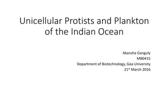 Unicellular Protists and Plankton
of the Indian Ocean
Akansha Ganguly
MB0415
Department of Biotechnology, Goa University
21st March 2016
 