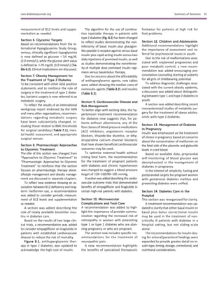 measurement of B12 levels and supple-
mentation as needed.
Section 6. Glycemic Targets
Based on recommendations from the In-
ternational Hypoglycaemia Study Group,
serious, clinically signiﬁcant hypoglycemia
is now deﬁned as glucose ,54 mg/dL
(3.0 mmol/L), while the glucose alert value
is deﬁned as #70 mg/dL (3.9 mmol/L) (Ta-
ble6.3).Clinicalimplicationsare discussed.
Section 7. Obesity Management for
the Treatment of Type 2 Diabetes
To be consistent with other ADA position
statements and to reinforce the role of
surgery in the treatment of type 2 diabe-
tes, bariatric surgery is now referred to as
metabolic surgery.
To reﬂect the results of an international
workgroup report endorsed by the ADA
and many other organizations, recommen-
dations regarding metabolic surgery
have been substantially changed, in-
cluding those related to BMI thresholds
for surgical candidacy (Table 7.1), men-
tal health assessment, and appropriate
surgical venues.
Section 8. Pharmacologic Approaches
to Glycemic Treatment
The title of this section was changed from
“Approaches to Glycemic Treatment” to
“Pharmacologic Approaches to Glycemic
Treatment” to reinforce that the section
focuses on pharmacologic therapy alone.
Lifestyle management and obesity manage-
ment are discussed in separate chapters.
To reﬂect new evidence showing an as-
sociation between B12 deﬁciency and long-
term metformin use, a recommendation
was added to consider periodic measure-
ment of B12 levels and supplementation
as needed.
A section was added describing the
role of newly available biosimilar insu-
lins in diabetes care.
Based on the results of two large clin-
ical trials, a recommendation was added
to consider empagliﬂozin or liraglutide in
patients with established cardiovascular
disease to reduce the risk of mortality.
Figure 8.1, antihyperglycemic ther-
apy in type 2 diabetes, was updated to
acknowledge the high cost of insulin.
The algorithm for the use of combina-
tion injectable therapy in patients with
type2diabetes(Fig.8.2)hasbeenchanged
to reﬂect studies demonstrating the non-
inferiority of basal insulin plus glucagon-
likepeptide1receptoragonistversusbasal
insulin plus rapid-acting insulin versus two
daily injections of premixed insulin, as well
as studies demonstrating the noninferior-
ity of multiple dose premixed insulin regi-
mens versus basal-bolus therapy.
Due toconcernsabout the affordability
of antihyperglycemic agents, new tables
were added showing the median costs of
noninsulin agents (Table 8.2) and insulins
(Table 8.3).
Section 9. Cardiovascular Disease and
Risk Management
To better align with existing data, the hy-
pertension treatment recommendation
for diabetes now suggests that, for pa-
tients without albuminuria, any of the
fourclassesofblood pressure medications
(ACE inhibitors, angiotensin receptor
blockers, thiazide-like diuretics, or dihy-
dropyridine calcium channel blockers)
that have shown beneﬁcial cardiovascular
outcomes may be used.
To optimize maternal health without
risking fetal harm, the recommendation
for the treatment of pregnant patients
with diabetes and chronic hypertension
was changed to suggest a blood pressure
target of 120–160/80–105 mmHg.
Asectionwasaddeddescribingthecardio-
vascular outcome trials that demonstrated
beneﬁts of empagliﬂozin and liraglutide in
certain high-risk patients with diabetes.
Section 10. Microvascular
Complications and Foot Care
A recommendation was added to high-
light the importance of provider commu-
nication regarding the increased risk of
retinopathy in women with preexisting
type 1 or type 2 diabetes who are plan-
ning pregnancy or who are pregnant.
The section now includes speciﬁc rec-
ommendations for the treatment of
neuropathic pain.
A new recommendation highlights
the beneﬁts of specialized therapeutic
footwear for patients at high risk for
foot problems.
Section 12. Children and Adolescents
Additional recommendations highlight
the importance of assessment and re-
ferral for psychosocial issues in youth.
Due to the risk of malformations asso-
ciated with unplanned pregnancies and
poor metabolic control, a new recom-
mendation was added encouraging pre-
conception counseling starting at puberty
for all girls of childbearing potential.
To address diagnostic challenges asso-
ciated with the current obesity epidemic,
a discussion was added about distinguish-
ing between type 1 and type 2 diabetes in
youth.
A section was added describing recent
nonrandomized studies of metabolic sur-
gery for the treatment of obese adoles-
cents with type 2 diabetes.
Section 13. Management of Diabetes
in Pregnancy
Insulin was emphasized as the treatment
of choice in pregnancy based on concerns
about the concentration of metformin on
the fetal side of the placenta and glyburide
levels in cord blood.
Based on available data, preprandial
self-monitoring of blood glucose was
deemphasized in the management of
diabetes in pregnancy.
In the interest of simplicity, fasting and
postprandial targets for pregnant women
with gestational diabetes mellitus and
preexisting diabetes were uniﬁed.
Section 14. Diabetes Care in the
Hospital
This section was reorganized for clarity.
A treatment recommendation was up-
dated to clarify that either basal insulin or
basal plus bolus correctional insulin
may be used in the treatment of non-
critically ill patients with diabetes in a
hospital setting, but not sliding scale
alone.
The recommendations for insulin dos-
ing for enteral/parenteral feedings were
expanded to provide greater detail on in-
sulin type, timing, dosage, correctional, and
nutritional considerations.
care.diabetesjournals.org Summary of Revisions S5
 