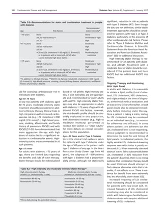 use for assessing cardiovascular risk in
individuals with diabetes.
Age 40–75 Years
In low-risk patients with diabetes aged
40–75 years, moderate-intensity statin
treatment should be considered in addi-
tion to lifestyle therapy. Clinical trials in
high-risk patients with increased cardio-
vascular risk (e.g., LDL cholesterol $100
mg/dL [2.6 mmol/L], high blood pres-
sure, smoking, albuminuria, and family
history of premature ASCVD) and with
ASCVD (57–59) have demonstrated that
more aggressive therapy with high
doses of statins led to a signiﬁcant re-
duction in cardiovascular events. High-
intensity statins are recommended in all
such patients.
Age >75 Years
For adults with diabetes .75 years of
age, there are limited data regarding
the beneﬁts and risks of statin therapy.
Statin therapy should be individualized
based on risk proﬁle. High-intensity sta-
tins, if well tolerated, are still appropri-
ate and recommended for older adults
with ASCVD. High-intensity statin ther-
apy may also be appropriate in adults
with diabetes .75 years of age with ad-
ditional ASCVD risk factors. However,
the risk–beneﬁt proﬁle should be rou-
tinely evaluated in this population,
with downward titration (e.g., high to
moderate intensity) performed as
needed. See Section 11 “Older Adults”
for more details on clinical consider-
ations for this population.
Age <40 Years and/or Type 1 Diabetes
Very little clinical trial evidence exists
for patients with type 2 diabetes under
the age of 40 years or for patients with
type 1 diabetes of any age. In the Heart
Protection Study (lower age limit 40
years), the subgroup of ;600 patients
with type 1 diabetes had a proportion-
ately similar, although not statistically
signiﬁcant, reduction in risk as patients
with type 2 diabetes (47). Even though
the data are not deﬁnitive, similar statin
treatment approaches should be consid-
ered for patients with type 1 or type 2
diabetes, particularly in the presence of
other cardiovascular risk factors. Please
refer to “Type 1 Diabetes Mellitus and
Cardiovascular Disease: A Scientiﬁc
Statement From the American Heart As-
sociation and American Diabetes Associ-
ation” (60) for additional discussion.
High-intensity statin therapy is rec-
ommended for all patients with diabe-
tes and ASCVD. Treatment with a
moderate dose of statin should be con-
sidered if the patient does not have
ASCVD but has additional ASCVD risk
factors.
Ongoing Therapy and Monitoring
With Lipid Panel
In adults with diabetes, it is reasonable
to obtain a lipid proﬁle (total choles-
terol, LDL cholesterol, HDL cholesterol,
and triglycerides) at the time of diagno-
sis, at the initial medical evaluation, and
at least every 5 years thereafter. A lipid
panel should also be obtained immedi-
ately before initiating statin therapy.
Once a patient is taking a statin, testing
for LDL cholesterol may be considered
on an individual basis (e.g., to monitor
for adherence and efﬁcacy). In cases
where patients are adherent but the
LDL cholesterol level is not responding,
clinical judgment is recommended to
determine the need for and timing of
lipid panels. In individual patients, the
highly variable LDL cholesterol–lowering
response seen with statins is poorly un-
derstood (61). When maximally tolerated
doses of statins fail to substantially lower
LDL cholesterol (,30% reduction from
the patient’s baseline), there is no strong
evidence that combination therapy should
be used. Clinicians should attempt to
ﬁnd a dose or alternative statin that is tol-
erable, if side effects occur. There is evi-
dence for beneﬁt from even extremely
low, less than daily, statin doses (62).
Increased frequency of LDL choles-
terol monitoring should be considered
for patients with new-onset ACS. In-
creased frequency of LDL cholesterol
monitoring may also be considered in
adults with heterozygous familial hyper-
cholesterolemia who require additional
lowering of LDL cholesterol.
Table 9.1—Recommendations for statin and combination treatment in people
with diabetes
Age Risk factors
Recommended
statin intensity*
,40 years None None
ASCVD risk factor(s)** Moderate or high
ASCVD High
40–75 years None Moderate
ASCVD risk factors High
ASCVD High
ACS and LDL cholesterol $50 mg/dL (1.3 mmol/L)
or in patients with a history of ASCVD who
cannot tolerate high-dose statins
Moderate plus
ezetimibe
.75 years None Moderate
ASCVD risk factors Moderate or high
ASCVD High
ACS and LDL cholesterol $50 mg/dL (1.3 mmol/L)
or in patients with a history of ASCVD who
cannot tolerate high-dose statins
Moderate plus
ezetimibe
*In addition to lifestyle therapy. **ASCVD risk factors include LDL cholesterol $100 mg/dL
(2.6 mmol/L), high blood pressure, smoking, chronic kidney disease, albuminuria, and family
history of premature ASCVD.
Table 9.2—High-intensity and moderate-intensity statin therapy*
High-intensity statin therapy Moderate-intensity statin therapy
(lowers LDL cholesterol by $50%) (lowers LDL cholesterol by 30% to ,50%)
Atorvastatin 40–80 mg Atorvastatin 10–20 mg
Rosuvastatin 20–40 mg Rosuvastatin 5–10 mg
Simvastatin 20–40 mg
Pravastatin 40–80 mg
Lovastatin 40 mg
Fluvastatin XL 80 mg
Pitavastatin 2–4 mg
*Once-daily dosing. XL, extended release.
S80 Cardiovascular Disease and Risk Management Diabetes Care Volume 40, Supplement 1, January 2017
 