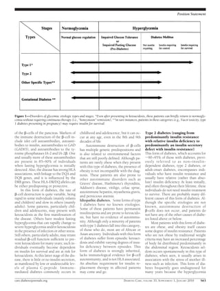 Position Statement




Figure 1—Disorders of glycemia: etiologic types and stages. *Even after presenting in ketoacidosis, these patients can brieﬂy return to normogly-
cemia without requiring continuous therapy (i.e., “honeymoon” remission); **in rare instances, patients in these categories (e.g., Vacor toxicity, type
1 diabetes presenting in pregnancy) may require insulin for survival.

of the ␤-cells of the pancreas. Markers of         childhood and adolescence, but it can oc-          Type 2 diabetes (ranging from
the immune destruction of the ␤-cell in-           cur at any age, even in the 8th and 9th            predominantly insulin resistance
clude islet cell autoantibodies, autoanti-         decades of life.                                   with relative insulin deﬁciency to
bodies to insulin, autoantibodies to GAD                Autoimmune destruction of ␤-cells             predominantly an insulin secretory
(GAD65), and autoantibodies to the ty-             has multiple genetic predispositions and           defect with insulin resistance)
rosine phosphatases IA-2 and IA-2␤. One            is also related to environmental factors           This form of diabetes, which accounts for
and usually more of these autoantibodies           that are still poorly deﬁned. Although pa-         ϳ90 –95% of those with diabetes, previ-
are present in 85–90% of individuals               tients are rarely obese when they present          ously referred to as non–insulin-
when fasting hyperglycemia is initially            with this type of diabetes, the presence of        dependent diabetes, type 2 diabetes, or
detected. Also, the disease has strong HLA         obesity is not incompatible with the diag-         adult-onset diabetes, encompasses indi-
associations, with linkage to the DQA and          nosis. These patients are also prone to            viduals who have insulin resistance and
DQB genes, and it is inﬂuenced by the              other autoimmune disorders such as                 usually have relative (rather than abso-
DRB genes. These HLA-DR/DQ alleles can             Graves’ disease, Hashimoto’s thyroiditis,          lute) insulin deﬁciency At least initially,
be either predisposing or protective.              Addison’s disease, vitiligo, celiac sprue,         and often throughout their lifetime, these
     In this form of diabetes, the rate of         autoimmune hepatitis, myasthenia gravis,           individuals do not need insulin treatment
␤-cell destruction is quite variable, being                                                           to survive. There are probably many dif-
                                                   and pernicious anemia.
rapid in some individuals (mainly infants                                                             ferent causes of this form of diabetes. Al-
                                                   Idiopathic diabetes. Some forms of type
and children) and slow in others (mainly                                                              though the speciﬁc etiologies are not
                                                   1 diabetes have no known etiologies.
adults). Some patients, particularly chil-                                                            known, autoimmune destruction of
dren and adolescents, may present with             Some of these patients have permanent              ␤-cells does not occur, and patients do
ketoacidosis as the ﬁrst manifestation of          insulinopenia and are prone to ketoacido-          not have any of the other causes of diabe-
the disease. Others have modest fasting            sis, but have no evidence of autoimmu-             tes listed above or below.
hyperglycemia that can rapidly change to           nity. Although only a minority of patients              Most patients with this form of diabe-
severe hyperglycemia and/or ketoacidosis           with type 1 diabetes fall into this category,      tes are obese, and obesity itself causes
in the presence of infection or other stress.      of those who do, most are of African or            some degree of insulin resistance. Patients
Still others, particularly adults, may retain      Asian ancestry. Individuals with this form         who are not obese by traditional weight
residual ␤-cell function sufﬁcient to pre-         of diabetes suffer from episodic ketoaci-          criteria may have an increased percentage
vent ketoacidosis for many years; such in-         dosis and exhibit varying degrees of insu-         of body fat distributed predominantly in
dividuals eventually become dependent              lin deﬁciency between episodes. This               the abdominal region. Ketoacidosis sel-
on insulin for survival and are at risk for        form of diabetes is strongly inherited,            dom occurs spontaneously in this type of
ketoacidosis. At this latter stage of the dis-     lacks immunological evidence for ␤-cell            diabetes; when seen, it usually arises in
ease, there is little or no insulin secretion,     autoimmunity, and is not HLA associated.           association with the stress of another ill-
as manifested by low or undetectable lev-          An absolute requirement for insulin re-            ness such as infection. This form of dia-
els of plasma C-peptide. Immune-                   placement therapy in affected patients             betes frequently goes undiagnosed for
mediated diabetes commonly occurs in               may come and go.                                   many years because the hyperglycemia

care.diabetesjournals.org                                                             DIABETES CARE, VOLUME 33, SUPPLEMENT 1, JANUARY 2010        S63
 