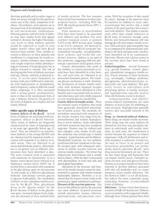 Diagnosis and Classiﬁcation

develops gradually and at earlier stages is     of insulin secretion. The less common              noma. With the exception of that caused
often not severe enough for the patient to      forms result from mutations in other tran-         by cancer, damage to the pancreas must
notice any of the classic symptoms of di-       scription factors, including HNF-4␣,               be extensive for diabetes to occur; adre-
abetes. Nevertheless, such patients are at      HNF-1␤, insulin promoter factor (IPF)-1,           nocarcinomas that involve only a small
increased risk of developing macrovascu-        and NeuroD1.                                       portion of the pancreas have been associ-
lar and microvascular complications.                 Point mutations in mitochondrial              ated with diabetes. This implies a mecha-
Whereas patients with this form of diabe-       DNA have been found to be associated               nism other than simple reduction in
tes may have insulin levels that appear         with diabetes and deafness The most                ␤-cell mass. If extensive enough, cystic
normal or elevated, the higher blood glu-       common mutation occurs at position                 ﬁbrosis and hemochromatosis will also
cose levels in these diabetic patients          3,243 in the tRNA leucine gene, leading            damage ␤-cells and impair insulin secre-
would be expected to result in even             to an A-to-G transition. An identical le-          tion. Fibrocalculous pancreatopathy may
higher insulin values had their ␤-cell          sion occurs in the MELAS syndrome (mi-             be accompanied by abdominal pain radi-
function been normal. Thus, insulin se-         tochondrial myopathy, encephalopathy,              ating to the back and pancreatic calciﬁca-
cretion is defective in these patients and      lactic acidosis, and stroke-like syn-              tions identiﬁed on X-ray examination.
insufﬁcient to compensate for insulin re-       drome); however, diabetes is not part of           Pancreatic ﬁbrosis and calcium stones in
sistance. Insulin resistance may improve        this syndrome, suggesting different phe-           the exocrine ducts have been found at
with weight reduction and/or pharmaco-          notypic expressions of this genetic lesion.        autopsy.
logical treatment of hyperglycemia but is            Genetic abnormalities that result in          Endocrinopathies. Several hormones
seldom restored to normal. The risk of          the inability to convert proinsulin to in-         (e.g., growth hormone, cortisol, gluca-
developing this form of diabetes increases      sulin have been identiﬁed in a few fami-           gon, epinephrine) antagonize insulin ac-
with age, obesity, and lack of physical ac-     lies, and such traits are inherited in an          tion. Excess amounts of these hormones
tivity. It occurs more frequently in            autosomal dominant pattern. The result-            (e.g., acromegaly, Cushing’s syndrome,
women with prior GDM and in individu-           ant glucose intolerance is mild. Similarly,        glucagonoma, pheochromocytoma, re-
als with hypertension or dyslipidemia,          the production of mutant insulin mole-             spectively) can cause diabetes. This gen-
and its frequency varies in different racial/   cules with resultant impaired receptor             erally occurs in individuals with
ethnic subgroups. It is often associated        binding has also been identiﬁed in a few           preexisting defects in insulin secretion,
with a strong genetic predisposition,           families and is associated with an autoso-         and hyperglycemia typically resolves
more so than is the autoimmune form of          mal inheritance and only mildly impaired           when the hormone excess is resolved.
type 1 diabetes. However, the genetics of       or even normal glucose metabolism.                      Somatostatinoma- and aldoster-
this form of diabetes are complex and not       Genetic defects in insulin action. There           onoma-induced hypokalemia can cause
clearly deﬁned.                                 are unusual causes of diabetes that result         diabetes, at least in part, by inhibiting in-
                                                from genetically determined abnormali-             sulin secretion. Hyperglycemia generally
Other speciﬁc types of diabetes                 ties of insulin action. The metabolic ab-          resolves after successful removal of the
Genetic defects of the ␤-cell. Several          normalities associated with mutations of           tumor.
forms of diabetes are associated with mo-       the insulin receptor may range from hy-            Drug- or chemical-induced diabetes.
nogenetic defects in ␤-cell function.           perinsulinemia and modest hyperglyce-              Many drugs can impair insulin secretion.
These forms of diabetes are frequently          mia to severe diabetes. Some individuals           These drugs may not cause diabetes by
characterized by onset of hyperglycemia         with these mutations may have acanthosis           themselves, but they may precipitate dia-
at an early age (generally before age 25        nigricans. Women may be virilized and              betes in individuals with insulin resis-
years). They are referred to as maturity-       have enlarged, cystic ovaries. In the past,        tance. In such cases, the classiﬁcation is
onset diabetes of the young (MODY) and          this syndrome was termed type A insulin            unclear because the sequence or relative
are characterized by impaired insulin se-       resistance. Leprechaunism and the Rabson-          importance of ␤-cell dysfunction and in-
cretion with minimal or no defects in in-       Mendenhall syndrome are two pediatric              sulin resistance is unknown. Certain tox-
sulin action. They are inherited in an          syndromes that have mutations in the insu-         ins such as Vacor (a rat poison) and
autosomal dominant pattern. Abnormali-          lin receptor gene with subsequent alter-           intravenous pentamidine can perma-
ties at six genetic loci on different chro-     ations in insulin receptor function and            nently destroy pancreatic ␤-cells. Such
mosomes have been identiﬁed to date.            extreme insulin resistance. The former has         drug reactions fortunately are rare. There
The most common form is associated              characteristic facial features and is usually      are also many drugs and hormones that
with mutations on chromosome 12 in a            fatal in infancy, while the latter is associated   can impair insulin action. Examples in-
hepatic transcription factor referred to as     with abnormalities of teeth and nails and          clude nicotinic acid and glucocorticoids.
hepatocyte nuclear factor (HNF)-1␣. A           pineal gland hyperplasia.                          Patients receiving ␣-interferon have been
second form is associated with mutations             Alterations in the structure and func-        reported to develop diabetes associated
in the glucokinase gene on chromosome           tion of the insulin receptor cannot be dem-        with islet cell antibodies and, in certain
7p and results in a defective glucokinase       onstrated in patients with insulin-resistant       instances, severe insulin deﬁciency. The
molecule. Glucokinase converts glucose          lipoatrophic diabetes. Therefore, it is as-        list shown in Table 1 is not all-inclusive,
to glucose-6-phosphate, the metabolism          sumed that the lesion(s) must reside in the        but reﬂects the more commonly recog-
of which, in turn, stimulates insulin secre-    postreceptor signal transduction pathways.         nized drug-, hormone-, or toxin-induced
tion by the ␤-cell. Thus, glucokinase           Diseases of the exocrine pancreas. Any             forms of diabetes.
serves as the “glucose sensor” for the          process that diffusely injures the pancreas        Infections. Certain viruses have been as-
␤-cell. Because of defects in the glucoki-      can cause diabetes. Acquired processes             sociated with ␤-cell destruction. Diabetes
nase gene, increased plasma levels of glu-      include pancreatitis, trauma, infection,           occurs in patients with congenital rubella,
cose are necessary to elicit normal levels      pancreatectomy, and pancreatic carci-              although most of these patients have HLA

S64     DIABETES CARE, VOLUME 33, SUPPLEMENT 1, JANUARY 2010                                                           care.diabetesjournals.org
 