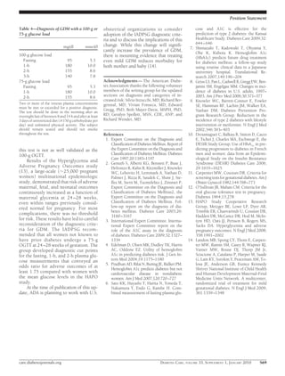 Position Statement

Table 4—Diagnosis of GDM with a 100-g or                  obstetrical organizations to consider                     cose and A1C is effective for the
75-g glucose load                                         adoption of the IADPSG diagnostic crite-                  prediction of type 2 diabetes: the Kansai
                                                          ria and to discuss the implications of this               Healthcare Study. Diabetes Care 2009;32:
                                                          change. While this change will signiﬁ-                    644 – 646
                               mg/dl          mmol/l                                                           7.   Shimazaki T, Kadowaki T, Ohyama Y,
                                                          cantly increase the prevalence of GDM,                    Ohe K, Kubota K. Hemoglobin A1c
100-g glucose load                                        there is mounting evidence that treating                  (HbA1c) predicts future drug treatment
  Fasting                        95             5.3       even mild GDM reduces morbidity for                       for diabetes mellitus: a follow-up study
  1-h                           180            10.0       both mother and baby (14).                                using routine clinical data in a Japanese
  2-h                           155             8.6                                                                 university hospital. Translational Re-
  3-h                           140             7.8                                                                 search 2007;149:196 –204
75-g glucose load                                         Acknowledgments — The American Diabe-                8.   Geiss LS, Pan L, Cadwell B, Gregg EW, Ben-
  Fasting                        95             5.3       tes Association thanks the following volunteer            jamin SM, Engelgau MM. Changes in inci-
  1-h                           180            10.0       members of the writing group for the updated              dence of diabetes in U.S. adults, 1997–
  2-h                           155             8.6       sections on diagnosis and categories of in-               2003. Am J Prev Med 2006;30:371–377
                                                          creased risk: Silvio Inzucchi, MD; Richard Ber-      9.   Knowler WC, Barrett-Connor E, Fowler
Two or more of the venous plasma concentrations           genstal, MD; Vivian Fonseca, MD; Edward
must be met or exceeded for a positive diagnosis.
                                                                                                                    SE, Hamman RF, Lachin JM, Walker EA,
                                                          Gregg, PhD; Beth Mayer-Davis, MSPH, PhD,                  Nathan DM, Diabetes Prevention Pro-
The test should be done in the morning after an
overnight fast of between 8 and 14 h and after at least   RD; Geralyn Spollett, MSN, CDE, ANP; and                  gram Research Group. Reduction in the
3 days of unrestricted diet (Ն150 g carbohydrate per      Richard Wender, MD.                                       incidence of type 2 diabetes with lifestyle
day) and unlimited physical activity. The subject                                                                   intervention or metformin. N Engl J Med
should remain seated and should not smoke                                                                           2002;346:393– 403
throughout the test.                                      References                                          10.   Droumaguet C, Balkau B, Simon D, Caces
                                                           1. Expert Committee on the Diagnosis and                 E, Tichet J, Charles MA, Eschwege E, the
                                                              Classiﬁcation of Diabetes Mellitus. Report of         DESIR Study Group. Use of HbA1c in pre-
this test is not as well validated as the                     the Expert Committee on the Diagnosis and             dicting progression to diabetes in French
100-g OGTT.                                                   Classiﬁcation of Diabetes Mellitus. Diabetes          men and women: data from an Epidemi-
                                                              Care 1997;20:1183–1197                                ological Study on the Insulin Resistance
     Results of the Hyperglycemia and                      2. Genuth S, Alberti KG, Bennett P, Buse J,              Syndrome (DESIR) Diabetes Care 2006;
Adverse Pregnancy Outcomes study                              Defronzo R, Kahn R, Kitzmiller J, Knowler             29:1619 –1625.
(13), a large-scale (ϳ25,000 pregnant                         WC, Lebovitz H, Lernmark A, Nathan D,           11.   Carpenter MW, Coustan DR. Criteria for
women) multinational epidemiologic                            Palmer J, Rizza R, Saudek C, Shaw J, Ste-             screening tests for gestational diabetes. Am J
study, demonstrated that risk of adverse                      ffes M, Stern M, Tuomilehto J, Zimmet P,              Obstet Gynecol 1982;144:768 –773
maternal, fetal, and neonatal outcomes                        Expert Committee on the Diagnosis and           12.   O’Sullivan JB, Mahan CM. Criteria for the
continuously increased as a function of                       Classiﬁcation of Diabetes Mellitus2, the              oral glucose tolerance test in pregnancy.
maternal glycemia at 24 –28 weeks,                            Expert Committee on the Diagnosis and                 Diabetes 1964;13:278
even within ranges previously consid-                         Classiﬁcation of Diabetes Mellitus. Fol-        13.   HAPO Study Cooperative Research
ered normal for pregnancy. For most                           low-up report on the diagnosis of dia-                Group, Metzger BE, Lowe LP, Dyer AR,
                                                              betes mellitus. Diabetes Care 2003;26:                Trimble ER, Chaovarindr U, Coustan DR,
complications, there was no threshold                         3160 –3167                                            Hadden DR, McCance DR, Hod M, McIn-
for risk. These results have led to careful                3. International Expert Committee. Interna-              tyre HD, Oats JJ, Persson B, Rogers MS,
reconsideration of the diagnostic crite-                      tional Expert Committee report on the                 Sacks DA. Hyperglycemia and adverse
ria for GDM. The IADPSG recom-                                role of the A1C assay in the diagnosis                pregnancy outcomes. N Engl J Med 2008;
mended that all women not known to                            of diabetes. Diabetes Care 2009;32:1327–              358:1991–2002
have prior diabetes undergo a 75-g                            1334                                            14.   Landon MB, Spong CY, Thom E, Carpen-
OGTT at 24 –28 weeks of gestation. The                     4. Edelman D, Olsen MK, Dudley TK, Harris                ter MW, Ramin SM, Casey B, Wapner RJ,
group developed diagnostic cut points                         AC, Oddone EZ. Utility of hemoglobin                  Varner MW, Rouse DJ, Thorp JM Jr,
for the fasting, 1-h, and 2-h plasma glu-                     A1c in predicting diabetes risk. J Gen In-            Sciscione A, Catalano P, Harper M, Saade
cose measurements that conveyed an                            tern Med 2004;19:1175–1180                            G, Lain KY, Sorokin Y, Peaceman AM, To-
                                                           5. Pradhan AD, Rifai N, Buring JE, Ridker PM.            losa JE, Anderson GB, Eunice Kennedy
odds ratio for adverse outcomes of at                         Hemoglobin A1c predicts diabetes but not              Shriver National Institute of Child Health
least 1.75 compared with women with                           cardiovascular disease in nondiabetic                 and Human Development Maternal-Fetal
the mean glucose levels in the HAPO                           women. Am J Med 2007;120:720 –727                     Medicine Units Network. A multicenter,
study.                                                     6. Sato KK, Hayashi T, Harita N, Yoneda T,               randomized trial of treatment for mild
     At the time of publication of this up-                   Nakamura Y, Endo G, Kambe H. Com-                     gestational diabetes. N Engl J Med 2009;
date, ADA is planning to work with U.S.                       bined measurement of fasting plasma glu-              361:1339 –1348




care.diabetesjournals.org                                                                    DIABETES CARE, VOLUME 33, SUPPLEMENT 1, JANUARY 2010            S69
 