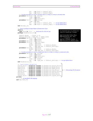 Ada Distilled by Richard Riehle 
Aft : in Field := Default_Aft; 
Exp : in Field := Default_Exp); 
-- Use these procedures to convert a decimal value to a string or a string to a decimal value 
procedure Get(From : in String; 
Item : out Num; 
Last : out Positive); 
procedure Put(To : out String; 
Item : in Num; 
Aft : in Field := Default_Aft; -- see type defined above 
Exp : in Field := Default_Exp); -- see type defined above 
Page 104 of 117 
end Decimal_IO; 
-- Generic package for Input-Output of Enumeration Types 
generic 
type Enum is (<>); -- Actual must be a discrete type 
package Enumeration_IO is 
Default_Width : Field := 0; 
Default_Setting : Type_Set := Upper_Case; 
procedure Get(File : in File_Type; 
Item : out Enum); 
procedure Get(Item : out Enum); 
procedure Put(File : in File_Type; 
Item : in Enum; 
Width : in Field := Default_Width; 
Set : in Type_Set := Default_Setting); 
procedure Put(Item : in Enum; 
Width : in Field := Default_Width; 
Set : in Type_Set := Default_Setting); 
An enumerated type is an ordered set of 
values for a named type. Example: 
type Color is (Red, Yellow, Blue); 
type Month is (Jan, Feb,.., Dec) 
... is not legal Ada 
type Day is (Monday, Tuesday, ...); 
type Priority is (Low, Medium, High); 
-- Use these procedures to convert a enumerated value to a string or a string to a enumerated value 
procedure Get(From : in String; 
Item : out Enum; 
Last : out Positive); 
procedure Put(To : out String; 
Item : in Enum; 
Set : in Type_Set := Default_Setting); -- see type defined above 
end Enumeration_IO; 
-- Input-Output Exceptions 
Status_Error : exception renames IO_Exceptions.Status_Error; 
Mode_Error : exception renames IO_Exceptions.Mode_Error; 
Name_Error : exception renames IO_Exceptions.Name_Error; 
Use_Error : exception renames IO_Exceptions.Use_Error; -- from package IO_Exceptions 
Device_Error : exception renames IO_Exceptions.Device_Error; 
End_Error : exception renames IO_Exceptions.End_Error; 
Data_Error : exception renames IO_Exceptions.Data_Error; 
Layout_Error : exception renames IO_Exceptions.Layout_Error; 
private 
... -- not specified by the language 
end Ada.Text_IO; 
 