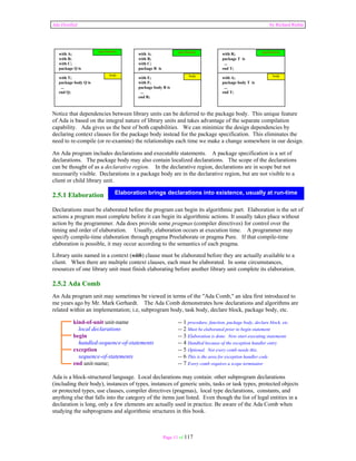 Ada Distilled by Richard Riehle 
Notice that dependencies between library units can be deferred to the package body. This unique feature 
of Ada is based on the integral nature of library units and takes advantage of the separate compilation 
capability. Ada gives us the best of both capabilities. We can minimize the design dependencies by 
declaring context clauses for the package body instead for the package specification. This eliminates the 
need to re-compile (or re-examine) the relationships each time we make a change somewhere in our design. 
An Ada program includes declarations and executable statements. A package specification is a set of 
declarations. The package body may also contain localized declarations. The scope of the declarations 
can be thought of as a declarative region. In the declarative region, declarations are in scope but not 
necessarily visible. Declarations in a package body are in the declarative region, but are not visible to a 
client or child library unit. 
2.5.1 Elaboration 
Declarations must be elaborated before the program can begin its algorithmic part. Elaboration is the set of 
actions a program must complete before it can begin its algorithmic actions. It usually takes place without 
action by the programmer. Ada does provide some pragmas (compiler directives) for control over the 
timing and order of elaboration. Usually, elaboration occurs at execution time. A programmer may 
specify compile-time elaboration through pragma Preelaborate or pragma Pure. If that compile-time 
elaboration is possible, it may occur according to the semantics of each pragma. 
Library units named in a context (with) clause must be elaborated before they are actually available to a 
client. When there are multiple context clauses, each must be elaborated. In some circumstances, 
resources of one library unit must finish elaborating before another library unit complete its elaboration. 
2.5.2 Ada Comb 
An Ada program unit may sometimes be viewed in terms of the "Ada Comb," an idea first introduced to 
me years ago by Mr. Mark Gerhardt. The Ada Comb demonstrates how declarations and algorithms are 
related within an implementation; i.e, subprogram body, task body, declare block, package body, etc. 
kind-of-unit unit-name -- 1 procedure, function, package body, declare block, etc. 
local declarations -- 2 Must be elaborated prior to begin statement 
begin -- 3 Elaboration is done. Now start executing statements 
handled-sequence-of-statements -- 4 Handled because of the exception handler entry 
exception -- 5 Optional. Not every comb needs this. 
sequence-of-statements -- 6 This is the area for exception handler code 
end unit-name; -- 7 Every comb requires a scope terminator 
Ada is a block-structured language. Local declarations may contain: other subprogram declarations 
(including their body), instances of types, instances of generic units, tasks or task types, protected objects 
or protected types, use clauses, compiler directives (pragmas), local type declarations, constants, and 
anything else that falls into the category of the items just listed. Even though the list of legal entities in a 
declaration is long, only a few elements are actually used in practice. Be aware of the Ada Comb when 
studying the subprograms and algorithmic structures in this book. 
Page 11 of 117 
with A; 
with B; 
with C; 
package Q is 
... 
end Q; 
with A; 
with B; 
with C; 
package R is 
... 
ewnidth R E;; 
with F; 
package body R is 
... 
end R; 
with R; 
package T is 
... 
end T; 
with A; 
package body T is 
... 
end T; 
with T; 
package body Q is 
... 
end Q; 
specification specification specification 
body body body 
Elaboration brings declarations into existence, usually at run-time 
 