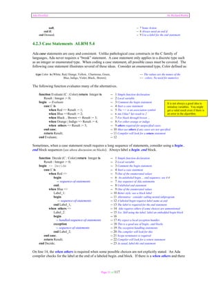 Ada Distilled by Richard Riehle 
null; -- 7 Some Action 
end if; -- 8 Always need an end if. 
end Demand; -- 9 Use a label for the end statement 
4.2.3 Case Statements ALRM 5.4 
Ada case statements are easy and consistent. Unlike pathological case constructs in the C family of 
languages, Ada never requires a “break” statement. A case statement only applies to a discrete type such 
as an integer or enumerated type. When coding a case statement, all possible cases must be covered. The 
following case statement illustrates several of these ideas. Consider an enumerated type, Color defined as: 
type Color is (White, Red, Orange, Yellow, Chartreuse, Green, --The values are the names of the 
Blue, Indigo, Violet, Black, Brown); -- colors. No need for numerics 
The following function evaluates many of the alternatives. 
function Evaluate (C : Color) return Integer is -- 1 Simple function declaration 
Result : Integer := 0; -- 2 Local variable 
begin -- Evaluate -- 3 Comment the begin statement 
case C is -- 4 Start a case statement 
when Red => Result := 1; -- 5 The => is an association symbol 
when Blue =>Result := 2; -- 6 Am I blue? Set result to 2 
when Black .. Brown => Result := 3; -- 7 For black through brown ... 
when Orange | Indigo => Result := 4; -- 8 For either orange or indigo 
when others => Result := 5; -- 9 others required for unspecified cases. 
end case; -- 10 Must use others if any cases are not specified 
return Result; -- 11 Compiler will look for a return statement 
end Evaluate; -- 12 
Sometimes, when a case statement result requires a long sequence of statements, consider using a begin.. 
end block sequences (see above discussion on blocks). Always label a begin..end block. 
function Decide (C : Color) return Integer is -- 1 Simple function declaration 
Result : Integer := 0; -- 2 Local variable 
begin -- Decide -- 3 Comment the begin statement 
case C is -- 4 Start a case statement 
when Red => -- 5 One of the enumerated values 
begin -- 6 An unlabeled begin ... end sequence; see 4.4 
-- sequence-of-statements -- 7 Any sequence of Ada statements 
end; -- 8 Unlabeled end statement 
when Blue => -- 9 One of the enumerated values 
Label_1: -- 10 Better style; use a block label 
begin -- 11 Alternative: consider calling nested subprogram 
-- sequence-of-statements -- 12 A labeled begin requires label name at end 
end Label_1; -- 13 The label is required for the end statement 
when others => -- 14 Ada requires others if some choices are unmentioned 
Label_2: -- 15 Yes. Still using the label; label an embedded begin block 
begin -- 16 
-- handled-sequence-of-statements -- 17 We expect a local exception handler. 
exception -- 18 This is a good use of begin...end blocks 
-- sequence-of-statements -- 19 The exception handling statements 
end Label_2; -- 20 The compiler will look for this 
end case; -- 21 Scope terminator is required 
return Result; -- 22 Compiler will look for a return statement 
end Decide; -- 23 As usual, label the end statement 
On line 14, the when others is required when some possible choices are not explicitly stated. An Ada 
compiler checks for the label at the end of a labeled begin..end block. If there is a when others and there 
Page 31 of 117 
It is not always a good idea to 
initialize variables. You might 
get a valid result even if there is 
an error in the algorithm. 
 