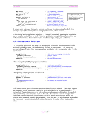 Ada Distilled by Richard Riehle 
with Factorial; -- 1 Yes, you may with a subprogram 
with Ada.Integer_Text_IO; -- 2 I/O for Standard Integer 
with Ada.Text_IO; -- 3 Character and String I/O 
use Ada; -- 4 Make Ada visible; not a problem 
procedure Test_Factorial is -- 5 Specification with "is" 
Data : Natural := 0; -- 6 In scope up to end of procedure 
begin -- 7 You know what this means by now 
Text_IO.Put("Enter Positive Integer: "); -- 8 Display a prompt on the screen 
Integer_Text_IO.Get(Data); -- 9 Get an integer from the keyboard 
Integer_Text_IO.Put(Factorial(Data)); -- 10 Display an integer on the screen 
end Test_Factorial; -- 11 End of declarative region for procedure 
It is important to understand that recusion can result in a Storage_Error (see package Standard). Also, 
intelligent use of Ada's visibility rules can often prevent accidental, infinite recursion. 
A function can be compiled by itself in the library. Even more interesting is that a function specification 
can be compiled into the library by itself. When the specification is compiled it must be completed later 
with an implementation. This is identical to the procedure example, Simple_2, in 6.1.2 above. 
6.3 Subprograms in A Package 
An Ada package specification may group a set of subprogram declarations. No implementation code is 
permitted in the specification. The implementation will be in the package body. This is more fully 
covered in Chapter 7, below. Here is a simple package specification with a corresponding body. First the 
specification: 
package Kia_Ora is -- 1 Hello in Maori,early language of New Zealand 
procedure Kia_Menemene; -- 2 Be happy, in Maori 
function Menemene return Boolean; -- 3 Are you happy? 
end Kia_Ora; -- 4 end of pacakge specification 
Then a package body highlighting separate compilation: 
package body Kia_Ora is -- 1 Now includes the word, body 
procedure Kia_Menemene is separate; -- 2 Defer actual implementation for the subprograms 
function Menemene return Boolean is separate; -- 3 to separate compilation units. 
end Kia_Ora; -- 4 
The separately compiled procedure could be coded: 
separate (Kia_Ora) -- 1 Note absence of semicolon 
procedure Kia_Menemene is -- 2 Makes maintenance much easier in small chunks 
begin -- 3 
-- some implementation code here -- 4 Any standard Ada algorithmic code here 
end Kia_Menemene; 
Note that the separate option is useful for applications where security is important. For example, suppose 
one has a piece of code that might be classified as Secret or Top Secret, but the rest of the code is 
unclassified. The classified section of the code can be compiled separately and linked into the main body 
of code without any need to reveal the details of that code. Also, separate is a much more powerful 
approach to separate compilation than one finds in Java, C++, or most other languages. Finally, the 
separate option allows one to control dependencies in a clean, clear way. A dependency can be pushed all 
the way down to a separately compiled sub-unit thereby reducing the number of lines in a dependency 
chart. 
Page 48 of 117 
Note: Although this is the usual 
example given in textbooks to 
illustrate recursion, it is not always 
the best way to accomplish 
factorial computation. 
 