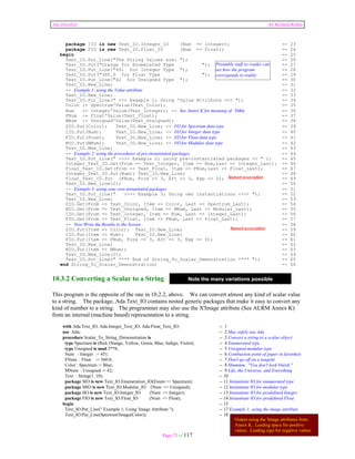 Ada Distilled by Richard Riehle 
package IIO is new Text_IO.Integer_IO (Num => Integer); -- 23 
package FIO is new Text_IO.Float_IO (Num => Float); -- 24 
begin -- 25 
Text_IO.Put_Line("The String Values are: "); -- 26 
Text_IO.Put("Orange for Enumerated Type "); Preamble stuff so reader can 
-- 27 
Text_IO.Put_Line("451 for Integer Type "); see how the program 
-- 28 
Text_IO.Put("360.0 for Float Type "); corresponds to reality 
-- 29 
Text_IO.Put_Line("42 for Unsigned Type "); -- 30 
Text_IO.New_Line; -- 31 
-- Example 1; using the Value attribute -- 32 
Text_IO.New_Line; -- 33 
Text_IO.Put_Line(" >>> Example 1; Using 'Value Attribute <<< "); -- 34 
Color := Spectrum'Value(Text_Color); -- 35 
Num := Integer'Value(Text_Integer); -- See Annex K for meaning of 'Value -- 36 
FNum := Float'Value(Text_Float); -- 37 
MNum := Unsigned'Value(Text_Unsigned); -- 38 
SIO.Put(Color); Text_IO.New_Line; -- I/O for Spectrum data type -- 39 
IIO.Put(Num); Text_IO.New_Line; -- I/O for Integer data type -- 40 
FIO.Put(Fnum); Text_IO.New_Line; -- I/O for Float data type -- 41 
MIO.Put(MNum); Text_IO.New_Line; -- I/O for Modular data type -- 42 
Text_IO.New_Line; -- 43 
-- Example 2; using the procedures of pre-instantiated packages -- 44 
Text_IO.Put_Line(" >>>> Example 2; using pre-instantiated packages << " ); -- 45 
Integer_Text_IO.Get(From => Text_Integer, Item => Num,Last => Integer_Last); -- 46 
Float_Text_IO.Get(From => Text_Float, Item => FNum,Last => Float_Last); -- 47 
Integer_Text_IO.Put(Num); Text_IO.New_Line; -- 48 
Float_Text_IO.Put (FNum, Fore => 3, Aft => 3, Exp => 0); Named association 
-- 49 
Text_IO.New_Line(2); -- 50 
-- Example 3; using your own instantiated packages -- 51 
Text_IO.Put_Line(" >>>> Example 3; Using own instantiations <<<< "); -- 52 
Text_IO.New_Line; -- 53 
SIO.Get(From => Text_Color, Item => Color, Last => Spectrum_Last); -- 54 
MIO.Get(From => Text_Unsigned, Item => MNum, Last => Modular_Last); -- 55 
IIO.Get(From => Text_Integer, Item => Num, Last => Integer_Last); -- 56 
FIO.Get(From => Text_Float, Item => FNum, Last => Float_Last); -- 57 
-- Now Write the Results to the Screen -- 58 
SIO.Put(Item => Color); Text_IO.New_Line; Named association 
-- 59 
IIO.Put(Item => Num); Text_IO.New_Line; -- 60 
FIO.Put(Item => FNum, Fore => 3, Aft => 3, Exp => 0); -- 61 
Text_IO.New_Line; -- 62 
MIO.Put(Item => MNum); -- 63 
Text_IO.New_Line(2); -- 64 
Text_IO.Put_Line(" **** End of String_To_Scalar_Demonstration **** "); -- 65 
end String_To_Scalar_Demonstration; -- 66 
10.3.2 Converting a Scalar to a String 
Note the many variations possible 
This program is the opposite of the one in 10.2.2, above. We can convert almost any kind of scalar value 
to a string. The package, Ada.Text_IO contains nested generic packages that make it easy to convert any 
kind of number to a string. The programmer may also use the X'Image attribute (See ALRM Annex K) 
from an internal (machine based) representation to a string. 
with Ada.Text_IO, Ada.Integer_Text_IO, Ada.Float_Text_IO; -- 1 
use Ada; -- 2 May safely use Ada 
procedure Scalar_To_String_Demonstration is -- 3 Convert a string to a scalar object 
type Spectrum is (Red, Orange, Yellow, Green, Blue, Indigo, Violet); -- 4 Enumerated type 
type Unsigned is mod 2**8; -- 5 Unsigned modular type 
Num : Integer := 451; -- 6 Combustion point of paper in farenheit 
FNum : Float := 360.0; -- 7 Don't go off on a tangent 
Color : Spectrum := Blue; -- 8 Hmmmm. "You don't look bluish." 
MNum : Unsigned := 42; -- 9 Life, the Universe, and Everything 
Text : String(1..10); -- 10 
package SIO is new Text_IO.Enumeration_IO(Enum => Spectrum); -- 11 Instantiate IO for enumerated type 
package MIO is new Text_IO.Modular_IO (Num => Unsigned); -- 12 Instantiate IO for modular type 
package IIO is new Text_IO.Integer_IO (Num => Integer); -- 13 Instantiate IO for predefined Integer 
package FIO is new Text_IO.Float_IO (Num => Float); -- 14 Instantiate IO for predefined Float 
begin -- 15 
Text_IO.Put_Line(" Example 1; Using 'Image Attribute "); -- 17 Example 1; using the image attribute 
Text_IO.Put_Line(Spectrum'Image(Color)); -- 18 
Page 73 of 117 
Output using the 'Image attributes from 
Annex K. Leading space for positive 
values. Leading sign for negative values. 
 