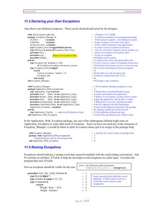 Ada Distilled by Richard Riehle 
11.2 Declaring your Own Exceptions 
Ada allows user-defined exceptions. These can be declared and raised by the designer. 
with Ada.Exceptions; use Ada; -- 1 Chapter 11.4.1 ALRM 
package Exception_Manager is -- 2 A typical exception/error management package 
Overflow : exception; -- 3 Own named exception; User-defined exception 
Underflow : exception; -- 4 Ada exception is not a first class object 
Divide_By_Zero : exception; -- 5 This could be handy for some applications 
type Exception_Store is tagged limited private; -- 6 A place to store exception occurrences 
type Reference is access all Exception_Store’Class; -- 7 In case you need to reference this in another way 
procedure Save ... -- 8 Saves an exception to Exception_Store 
procedure Log ... -- 9 Logs an exception 
procedure Display ... -- 10 Displays and exception 
private -- 11 Useful to have more operations before this 
type Exception_Set is array (1..100) -- 12 Array of access values to Exception_Occurrence 
of Exceptions.Exception_Occurrence_Access; -- 13 Exception_Occurrence_Access is an access type 
type Exception_Store is tagged -- 14 A record containing an array of exceptions 
record -- 15 
Current_Exception : Natural := 0; -- 16 And index over the Exception_Set 
Exception_Set; -- 17 Instance of type from Lines 12-13 
end record; -- 18 
end Exception_Manager; -- 19 Package scope terminator 
with Exception_Manager; -- 1 Put Exception_Manager package in scope 
package Application_With_Exception is -- 2 
type Application_Type is private; -- 3 Private here is partial definition of type 
procedure Start (Data : in out Application_Type); -- 4 Create and initialize the application 
procedure Restart (Data : in out Application_Type); -- 5 If there is an exception, you may need to restart 
procedure Stop (Data : in out Application_Type); -- 6 Stop the application; may be able to restart 
procedure Cleanup (Data : in out Application_Type); -- 7 When there is an error, call this procedure 
procedure Finalization (Data : in out Application_Type); -- 8 Not be confused with Ada.Finalization 
Application_Exception : exception; -- 9 Your locally defined exception for this package 
private -- 10 Nothing is public from here forward 
type Application_Type is ... -- requires full definition of type -- 11 Full definition of the private type 
end Application_With_Exception; -- 12 End of the specification unit. Needs a body. 
In the Application_With_Exception package, any one of the subprograms defined might raise an 
Application_Exception or some other kind of exception. Since we have not used any of the resources of 
Exception_Manager, it would be better to defer its context clause (put it in scope) in the package body. 
with Exception_Manager; -- 1 Localize the context clause to package body 
package body Application_With_Exception is -- 2 
-- Implementation code for the package body -- 3 
end Application_With_Exception; -- 4 
11.3 Raising Exceptions 
Exceptions should indicate a strange event that cannot be handled with the usual coding conventions. Ada 
95 includes an attribute, X'Valid, to help the developer avoid exceptions on scalar types. Consider this 
program that uses X'Valid. 
First an exception should be visible for the user. 
Given: the following visible declaration: 
Compound_Data_Error : exception; 
procedure Test_The_Valid_Attribute is -- 1 
type Real is digits 7; -- 2 
type Number is range 0..32_767; -- 3 
type Compound is -- 4 
record -- 5 
Weight : Real := 42.0; -- 6 
Height : Number; -- 7 
Page 76 of 117 
Scalar types declared within the record 
definition. X'Valid will not work on a 
record but can be used on scalar 
components. 
ellipses are not part of Ada 
 