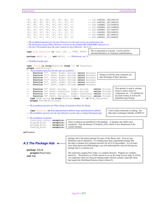 Ada Distilled by Richard Riehle 
'À', 'Á', 'Â', 'Ã', 'Ä', 'Å', 'Æ', 'Ç' -- 192 (16#C0#) .. 199 (16#C7#) 
'È', 'É', 'Ê', 'Ë', 'Ì', 'Í', 'Î', 'Ï' -- 200 (16#C8#) .. 207 (16#CF#) 
'Ð', 'Ñ', 'Ò', 'Ó', 'Ô', 'Õ', 'Ö', '×' -- 208 (16#D0#) .. 215 (16#D7#) 
'Ø', 'Ù', 'Ú', 'Û', 'Ü', 'Ý', 'Þ', 'ß' -- 216 (16#D8#) .. 223 (16#DF#) 
'à', 'á', 'â', 'ã', 'ä', 'å', 'æ', 'ç' -- 224 (16#E0#) .. 231 (16#E7#) 
'è', 'é', 'ê', 'ë', 'ì', 'í', 'î', 'ï' -- 232 (16#E8#) .. 239 (16#EF#) 
'ð', 'ñ', 'ò', 'ó', 'ô', 'õ', 'ö', '÷' -- 240 (16#F0#) .. 247 (16#F7#) 
'ø', 'ù', 'ú', 'û', 'ü', 'ý', 'þ', 'ÿ' -- 248 (16#F8#) .. 255 (16#FF#) 
-- The predefined operators for the type Character are the same as for any enumeration type. 
-- The declaration of type Wide_Character is based on the standard ISO 10646 BMP character set. 
-- The first 256 positions have the same contents as type Character. See 3.5.2. 
type Wide_Character is (nul, soh ... FFFE, FFFF); 
package ASCII is ... end ASCII; -- Obsolescent; see J.5 
-- Predefined string types: 
type String is array(Positive range <>) of Character; 
pragma Pack(String); 
-- The predefined operators for this type are as follows: 
-- function "=" (Left, Right: String) return Boolean; 
-- function "/=" (Left, Right: String) return Boolean; 
-- function "<" (Left, Right: String) return Boolean; 
-- function "<=" (Left, Right: String) return Boolean; 
-- function ">" (Left, Right: String) return Boolean; 
-- function ">=" (Left, Right: String) return Boolean; 
-- function "&" (Left: String; Right: String) return String; 
-- function "&" (Left: Character; Right: String) return String; 
-- function "&" (Left: String; Right: Character) return String; 
-- function "&" (Left: Character; Right: Character) return String; 
type Wide_String is array(Positive range <>) of Wide_Character; 
pragma Pack(Wide_String); 
-- The predefined operators for Wide_String correspond to those for String 
type Duration is delta implementation-defined range implementation-defined; 
-- The predefined operators for the type Duration are the same as forany fixed point type. 
Page 98 of 117 
-- The predefined exceptions: 
Constraint_Error: exception; 
Program_Error : exception; 
Storage_Error : exception; 
Tasking_Error : exception; 
end Standard; 
A.2 The Package Ada 
package Ada is 
pragma Pure(Ada); 
end Ada 
This is equivalent to Unicode. Can be used for 
internationalization of a language implementation. 
Strings of with the same constraint can 
take advantage of these operators. 
This operator is used to catenate 
arrays to arrays, arrays to 
components, etc. It is defined for 
any kind of array as well as for 
predefined type Strring 
Used in delay statements in tasking. See 
data types in package Calendar, ALRM 9.6 
These exceptions are predefined in this package. A designer may define more 
exceptions. Note the absence of Numeric_Error, which is now obsolescent in the 
current standard. 
package Ada is the parent package for many of the library units. It has no type 
definitions and no operations. It is nothing more than a placeholder packge that 
provides a common root (common ancestor) for all of its descendants. As you learn 
more about parent and child packages, you will understand the value for having one 
package that is a common root. 
The expression, pragma Pure (Ada), is a compiler directive. Pragmas are compiler 
directives. This directive is of little interest to you at this stage of your study. It will be 
very important when you being developing larger software systems, especially those 
that require the Distributed Systems Annex (Annex E). 
 