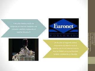 4 de julio: México inició sus
andanzas en internet mediante una
conexión satelital empleando el
Satélite Morelos II.
20 de julio: el segundo enlace
importante de México hacia el
exterior con la red internacional lo
hizo la UNAM con la red Euronet,
también establecida en Boulder.
FernandoCarrillo,DanielaMaya,
AshleyMartinez,MelisaPool,
ValeriaUribia1°K
07/Diciembre/2015
 