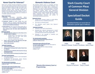 Stark County Court
of Common Pleas
General Division
Specialized Docket
Guide
Specialized Dockets are courts that are
dedicated to specific types of offenses.
Honor Court for Veterans*
Honor Court provides increased management to veterans
and active duty military personnel in the criminal justice
system. Individualized judicial oversight with regular court
appearances before a treatment team and peer veteran
mentoring program foster successful completion of
probation and draw upon the codes of honor and service
instilled in the participants during their military service to
our nation. Honor Court can be completed in a minimum of
12 months, maximum 24 months.
Honor Court Tracks:
1. Diversion: non-violent, fourth/fifth degree
probationable felony charges, resulting in dismissal and
sealing of case upon completion of program.
2. Community Control: all other charges that meet
admission criteria for Intensive Supervised Probation,
resulting in successful discharge from probation after
one year, upon completion of program.
3. Judicial Release: meet criteria for judicial release, ISP, or
post-release control, resulting in successful discharge
from probation after one year, upon completion of
program.
Admission Criteria:
 Defendant must be a Veteran or active duty service
member of the U.S .Military:
o Having served in the armed forces (Army,
Marines, Navy, Air Force, Coast Guard,
National Guard, Reserves)
o Must have completed basic training
 Enters a plea of Guilty to the offence(s) and signs
waivers, agreements, and releases
 Stark County Resident
Automatic Exclusions:
 Convicted Sex Offenders
 Dishonorable Discharges/Bad Conduct Status from
U.S. Military
 Restitution over $2,500.00 ordered by the Court at
sentencing hearing
 Prior UN-Successful Termination from Honor Court
Diversion Track Exclusions:
 Prior felony offenses of violence or prior participation
in a diversion program
 Unwillingness to permanently release firearms
confiscated or used in the current offense)
For referrals and/or questions:
Contact the Honor Court Program Director
(330) 451-7708
Instructions upon referral to Honor Court:
Immediately after sentencing have your client report to:
The ISP Probation Office
201 Cleveland Ave. S.W., Ste. 103 (Bow Building)
Canton, OH 44702
(330)451-7347
Domestic Violence Court
The Domestic Violence Court is a minimum year-long
treatment program for Domestic Violence Offenders. It is
the philosophy of the program that a comprehensive
approach will be used to assist individuals in becoming
responsible, non-violent, contributing members of society.
The Program includes regular Court appearances,
submission of random drug screens, attendance at group
counseling sessions, regular meetings with the probation
officer, community service work, GED classes and
vocational/educational assistance and periods of
electronically monitored house arrest.
Admission Criteria:
 Charged with a domestic violence or related offense
that does not carry a mandatory prison term.
 The victim is an intimate partner
 The defendant would benefit from Batterer’s
Intervention.
Automatic Exclusions:
 Defendant is not a Stark County Resident.
 Defendant has a physical, developmental, or mental
health disability that would prevent them from
receiving maximum benefit from programming.
 Defendant is not amenable to treatment and
participation in the program.
For referrals and/or questions:
Contact the Day Reporting Program Director
(330) 451-7036 ext. 5112
Instructions upon referral to DV Court:
Immediately after sentencing have your client report to:
The ISP Probation Office
201 Cleveland Ave SW, Ste. 103 (Bow Building)
Canton, OH 44702
(330)451-7347
*Denotes Diversionary Court or
Programming
Judge Judge Judge
Kristin G. Farmer Frank G. Forchione John G. Haas
Judge Judge
Chryssa N. Hartnett Taryn L. Heath
 
