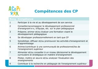 Compétences des CP
29
Rang Compétence
1 Participer à la vie et au développement de son service
2 Conseiller/accompagner le...