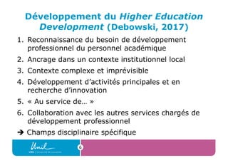 6
Développement du Higher Education
Development (Debowski, 2017)
1. Reconnaissance du besoin de développement
professionne...