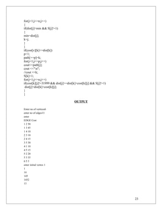 for(j=1;j<=n;j++)
{
if(dist[j]<min && S[j]!=1)
{
min=dist[j];
k=j;
}
}
if(cost[v][k]<=dist[k])
p=1;
path[++p]=k;
for(j=1;j<=p;j++)
cout<<path[j];
cout <<"n";
//cout <<k;
S[k]=1;
for(j=1;j<=n;j++)
if(cost[k][j]!=31999 && dist[j]>=dist[k]+cost[k][j] && S[j]!=1)
dist[j]=dist[k]+cost[k][j];
}
}
OUTPUT
Enter no of vertices6
enter no of edges11
enter
EDGE Cost
1 2 50
1 3 45
1 4 10
2 3 10
2 4 15
3 5 30
4 1 10
4 5 15
5 2 20
5 3 35
6 5 3
enter initial vertex 1
1
14
145
1452
13
23
 