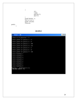 {
int t;
t=p[q];
p[q]=p[q+1];
p[q+1]=t;
}
printf("nProfits : ");
for(i=1;i<=n;i++)
printf(" %d",p[i]);
JS(d,j,n,p);
getch();
}
OUTPUT
28
 