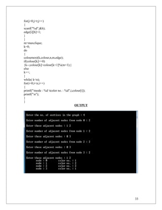 for(j=0;j<t;j++)
{
scanf("%d",&h);
edge[i][h]=1;
}
}
m=maxclique;
k=0;
do
{
colournext(k,colour,n,m,edge);
if(colour[k]==0)
{k--;colour[k]=colour[k+1]%(m+1);}
else
k++;
}
while( k<n);
for(i=0;i<n;i++)
{
printf("tnode : %d tcolor no. : %d",i,colour[i]);
printf("n");
}
}
OUTPUT
33
 