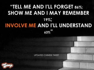 “ TELL ME AND I'LL FORGET  86%;  SHOW ME AND I MAY REMEMBER  19% ;  INVOLVE ME  AND I'LL UNDERSTAND  63% ” UPDATED CHINESE TWEET 