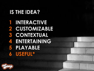 INTERACTIVE CUSTOMIZABLE CONTEXTUAL ENTERTAINING PLAYABLE USEFUL* 1 2 3 4 5 6 IS THE IDEA? 