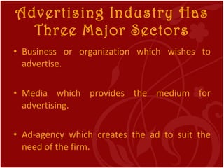 Advertising Industry Has Three Major Sectors <ul><li>Business or organization which wishes to advertise. </li></ul><ul><li...