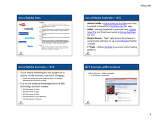 9/30/2009




Social Media Sites                                                                                  Social Media Examples – B2C
                                                                                                    Social Media Examples –
                           •   LinkedIn
                                – Professional network used for primarily for business              • Absolut Vodka – Online Video on YouTube and Using 
                                  connections – 37M professionals.  Easy to view profiles, get 
                                  connected, and recruit talent.                                      Facebook to house their Top Bartender fan page. 
                           •   Facebook
                                – Not just for kids anymore – demographic of social network is 
                                  changing.  Has nice privacy features.  30B views monthly!         • BMW – Utilizing Facebook to promote their 1‐Series 
                           •   MySpace
                                – Still carries juvenile feel, but, like Facebook, becoming huge 
                                                                                                      Road Trip and they have created a Rampenfest Page
                           •
                                  gathering 
                               YouTube
                                                                                                      for fans. 
                                – Video‐based media, widely used by B2C and B2B companies.
                           •   Twitter                                                              • Dunkin Donuts – That's right they've found value in 
                                – Used for communication and conversing about key topics.  
                                  One of the fastest social media sites with over 3M messages         social media and have set up a microblogging Twitter 
                                  per day.  Must follow the twitter etiquette to be effective.  
                                      d          f ll    h                       b ff
                                  Provides search engine to check your “buzz” level.                  account. 
                           •   Flickr
                                – Image and video hosting with online community features.  
                                  Widely used for bloggers as a photo database.  As of Nov          • E*Trade – Utilizes YouTube to promote online trading 
                                  2008, claims to have over 3B images.
                                                                                                      platform.




Social Media Examples – B2B
Social Media Examples –                                                                             B2B Example with Facebook
                                                                                                    B2B Example with Facebook
• Social media marketing has not caught on as                                                       • Jeffrey Gitomer – Sales Evangelist
  quickly in B2B business, but that’s changing...                                                      – 1,730 friends / connections
  – 69% of B2B buyers use social media to “assist” in business 
    development and decision making
• In a recent study by KnowledgeStorm of B2B 
  technology decision makers: 
  –   90% Participate in Video 
  –   80% Participate in Blogs 
      80% Participate in Blogs
  –   80% Participate in Wikis 
  –   69% Participate in Social Networks 
  –   53% Participate in Podcasts 




                                                                                                                                                                     8
 