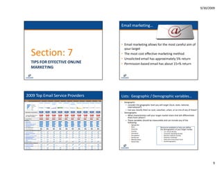 9/30/2009




                                   Email marketing…



                                   • Email marketing allows for the most careful aim of 
                                     your target
  Section: 7                       • The most cost effective marketing method
                                   • Unsolicited email has approximately 5% return
                                                            pp         y
  TIPS FOR EFFECTIVE ONLINE        • Permission‐based email has about 15+% return
  MARKETING




2009 Top Email Service Providers   Lists:  Geographic / Demographic variables…
                                   • Geographic
                                      – consider the geographic level you will target (local, state, national, 
                                        international?)
                                      – Can you classify them as rural, suburban, urban, or an mix of any of these?
                                             y         y              ,          ,       ,                 y
                                   • Demographic
                                      – What characteristics will your target market share that will differentiate 
                                        them from others?   
                                      – These variables should be measurable and can include any of the 
                                        following:
                                           •   Age gender
                                           •   Race                      •   Resources available to help you define 
                                           •   Ethnicity                              g p         y       g
                                                                             the demographics of your target market. 
                                           •   Income                         –   U.S. Census Bureau
                                           •   Education                      –   Consumer Spending Surveys
                                           •   Occupation                     –   Business Expense Surveys
                                           •   Family size                    –   American Factfinder
                                           •   Marital status                 –   State and county Quick Facts
                                           •   Social class                   –   EasiDemographics




                                                                                                                               9
 