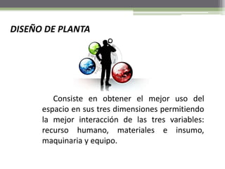 DISEÑO DE PLANTA
Consiste en obtener el mejor uso del
espacio en sus tres dimensiones permitiendo
la mejor interacción de las tres variables:
recurso humano, materiales e insumo,
maquinaria y equipo.
 