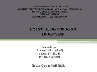REPUBLICA BOLIVARIANA DE VENEZUELA
MINISTERIO DEL PODER POPULAR PARA LA EDUCACION UNIVERSITARIA.
INSTITUTO UNIVERSITARIO POLITECNICO
“SANTIAGO MARIÑO”
EXTENSION COL – SEDE CIUDAD OJEDA
DISEÑO DE DISTRIBUCION
DE PLANTAS
Realizado por:
Adalberto Villarroel (45)
Cedula: 17.825.182
Ing. Julián Carneiro
Ciudad Ojeda; Abril 2015.
 