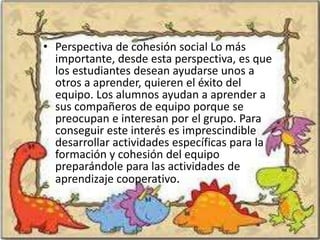 • Perspectiva de cohesión social Lo más
  importante, desde esta perspectiva, es que
  los estudiantes desean ayudarse unos a
  otros a aprender, quieren el éxito del
  equipo. Los alumnos ayudan a aprender a
  sus compañeros de equipo porque se
  preocupan e interesan por el grupo. Para
  conseguir este interés es imprescindible
  desarrollar actividades específicas para la
  formación y cohesión del equipo
  preparándole para las actividades de
  aprendizaje cooperativo.
 