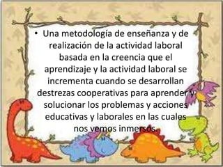 • Una metodología de enseñanza y de
    realización de la actividad laboral
      basada en la creencia que el
  aprendizaje y la actividad laboral se
   incrementa cuando se desarrollan
 destrezas cooperativas para aprender y
  solucionar los problemas y acciones
   educativas y laborales en las cuales
           nos vemos inmersos.
 