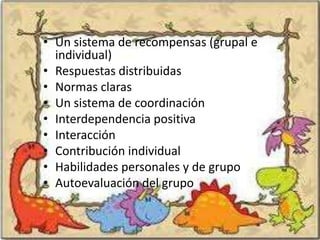 • Un sistema de recompensas (grupal e
  individual)
• Respuestas distribuidas
• Normas claras
• Un sistema de coordinación
• Interdependencia positiva
• Interacción
• Contribución individual
• Habilidades personales y de grupo
• Autoevaluación del grupo
 