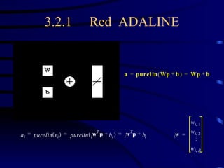 3.2.1 Red  ADALINE a p u r e l i n W p b +   W p b + = = a i p u r e l i n n i   p u r e l i n w T i p b i +   w T i p b i + = = =  w i w i 1  w i 2  w i R  = 