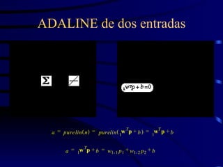 ADALINE de dos entradas a p u r e l i n n   p u r e l i n w T 1 p b +   w T 1 p b + = = = a w T 1 p b + w 1 1  p 1 w 1 2  p 2 b + + = = 