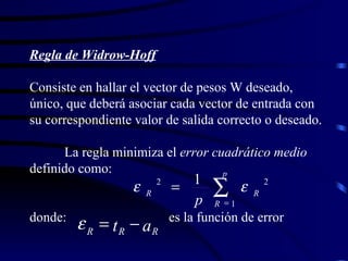 Regla de Widrow-Hoff Consiste en hallar el vector de pesos W deseado, único, que deberá asociar cada vector de entrada con su correspondiente valor de salida correcto o deseado. La regla minimiza el  error cuadrático medio  definido como: donde: es la función de error R R R a t       p R R R p 1 2 2 1   