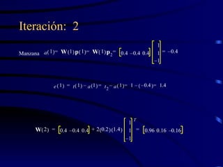 Iteración:  2 Manzana a 1   W 1   p 1   W 1   p 2 0.4 0.4 – 0.4 1 1 1 – 0.4 – = = = = e 1   t 1   a 1   t 2 a 1   1 0.4 –   1.4 = – = – = – = W 2   0.4 0.4 – 0.4 2 0.2   1.4   1 1 1 – T 0.96 0.16 0.16 – = + = 