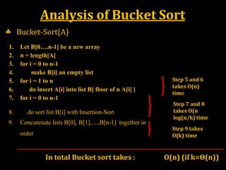 Analysis of Bucket Sort
1. Let B[0….n-1] be a new array
2. n = length[A]
3. for i = 0 to n-1
4. make B[i] an empty list
5. for i = 1 to n
6. do insert A[i] into list B[ floor of n A[i] ]
7. for i = 0 to n-1
 Bucket-Sort(A)
8. do sort list B[i] with Insertion-Sort
9. Concatenate lists B[0], B[1],…,B[n-1] together in
order
Step 5 and 6
takes O(n)
time
Step 7 and 8
takes O(n
log(n/k) time
Step 9 takes
O(k) time
In total Bucket sort takes : O(n) (if k=Θ(n))
 