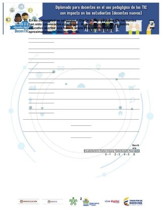 2
22. En su comunidad se celebrará el Día de la Tierra y todos los habitantes
han sido convocados a participar. A usted le pidieron en su centro
educativo escribir una noticia sobre este evento. Utilice
aproximadamente diez renglones.
______________________________________________________________________
________________
______________________________________________________________________
________________
______________________________________________________________________
________________
______________________________________________________________________
________________
______________________________________________________________________
________________
______________________________________________________________________
________________
______________________________________________________________________
________________
______________________________________________________________________
________________
_________________________________________________________________________
_____________
_________________________________________________________________________
_____________
Escrit
ura
Insatisfactorio Debe mejorar Satisfactorio Avanzado
0 - 1 2 - 3 4 - 5 6
 