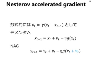 Nesterov accelerated gradient
数式的には 𝑣𝑡 = 𝛾 𝑥𝑡 − 𝑥𝑡−1 として
モメンタム
𝑥𝑡+1 = 𝑥𝑡 + 𝑣𝑡 − 𝜂𝑔(𝑥𝑡)
NAG
𝑥𝑡+1 = 𝑥𝑡 + 𝑣𝑡 − 𝜂𝑔(𝑥𝑡 + 𝑣𝑡)
14
 