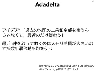 Adadelta
アイデア1「過去の勾配の二乗和全部を使うん
じゃなくて、最近のだけ使おう」
最近n件を取っておくのはメモリ消費が大きいの
で指数平滑移動平均を使う
18
ADADELTA: AN ADAPTIVE LEARNING RATE METHOD
https://arxiv.org/pdf/1212.5701v1.pdf
 