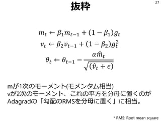 抜粋
𝑚 𝑡 ← 𝛽1 𝑚 𝑡−1 + 1 − 𝛽1 𝑔𝑡
𝑣𝑡 ← 𝛽2 𝑣𝑡−1 + 1 − 𝛽2 𝑔𝑡
2
𝜃𝑡 ← 𝜃𝑡−1 −
𝛼 𝑚 𝑡
𝑣𝑡 + 𝜖
27
mが1次のモーメント(モメンタム相当)
vが2次のモーメント、これの平方を分母に置くのが
Adagradの「勾配のRMSを分母に置く」に相当。
* RMS: Root mean square
 