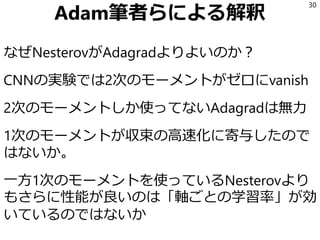 Adam筆者らによる解釈
なぜNesterovがAdagradよりよいのか？
CNNの実験では2次のモーメントがゼロにvanish
2次のモーメントしか使ってないAdagradは無力
1次のモーメントが収束の高速化に寄与したので
はないか。
一方1次のモーメントを使っているNesterovより
もさらに性能が良いのは「軸ごとの学習率」が効
いているのではないか
30
 