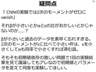 疑問点
「 CNNの実験では2次のモーメントがゼロに
vanish」
それβが小さいとかαとεの比がおかしいとかじゃ
ないのか……？
βが小さいと過去のデータを素早く忘れすぎる。
2次のモーメントがεに比べて小さい件は、εを小
さくしてαも同率で小さくすれば済む話。
そもそも初期値依存の激しい問題で1回の実験結
果を見て議論してもアレなので初期値とパラメー
タを変えて何度も実験してほしい。
31
 