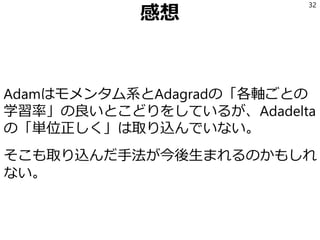 感想
Adamはモメンタム系とAdagradの「各軸ごとの
学習率」の良いとこどりをしているが、Adadelta
の「単位正しく」は取り込んでいない。
そこも取り込んだ手法が今後生まれるのかもしれ
ない。
32
 