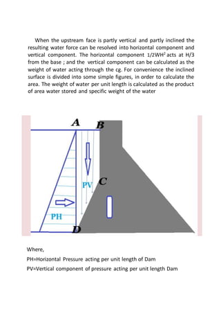 When the upstream face is partly vertical and partly inclined the
resulting water force can be resolved into horizontal component and
vertical component. The horizontal component 1/2WH2
acts at H/3
from the base ; and the vertical component can be calculated as the
weight of water acting through the cg. For convenience the inclined
surface is divided into some simple figures, in order to calculate the
area. The weight of water per unit length is calculated as the product
of area water stored and specific weight of the water
Where,
PH=Horizontal Pressure acting per unit length of Dam
PV=Vertical component of pressure acting per unit length Dam
 