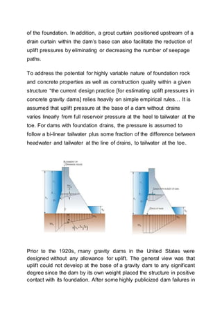of the foundation. In addition, a grout curtain positioned upstream of a
drain curtain within the dam’s base can also facilitate the reduction of
uplift pressures by eliminating or decreasing the number of seepage
paths.
To address the potential for highly variable nature of foundation rock
and concrete properties as well as construction quality within a given
structure “the current design practice [for estimating uplift pressures in
concrete gravity dams] relies heavily on simple empirical rules… It is
assumed that uplift pressure at the base of a dam without drains
varies linearly from full reservoir pressure at the heel to tailwater at the
toe. For dams with foundation drains, the pressure is assumed to
follow a bi-linear tailwater plus some fraction of the difference between
headwater and tailwater at the line of drains, to tailwater at the toe.
Prior to the 1920s, many gravity dams in the United States were
designed without any allowance for uplift. The general view was that
uplift could not develop at the base of a gravity dam to any significant
degree since the dam by its own weight placed the structure in positive
contact with its foundation. After some highly publicized dam failures in
 