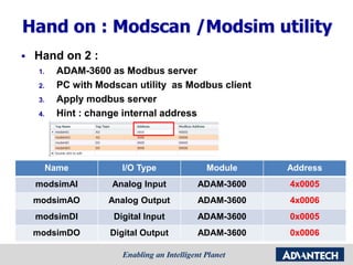Hand on : Modscan /Modsim utility
 Hand on 2 :
1. ADAM-3600 as Modbus server
2. PC with Modscan utility as Modbus client
3. Apply modbus server
4. Hint : change internal address
Name I/O Type Module Address
modsimAI Analog Input ADAM-3600 4x0005
modsimAO Analog Output ADAM-3600 4x0006
modsimDI Digital Input ADAM-3600 0x0005
modsimDO Digital Output ADAM-3600 0x0006
 